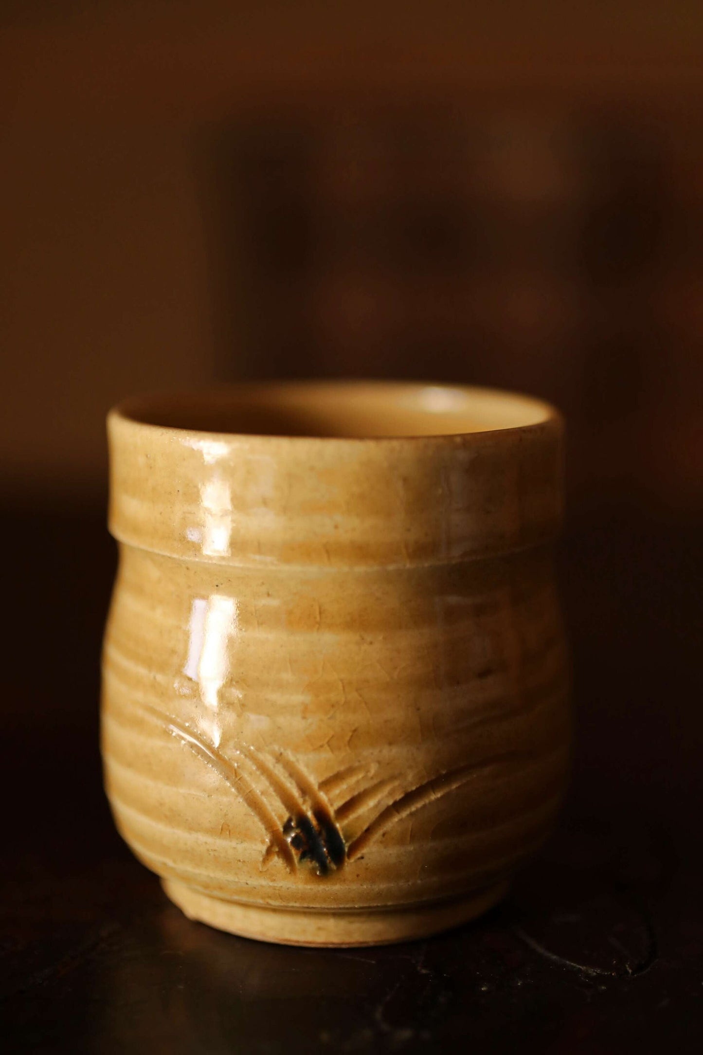 Pair couple Tea Cup Japanese vintage ceramic KISETO kiln ware, plant simple design, with Kanji wooden box For GIFT H2.8in/H7.1cm