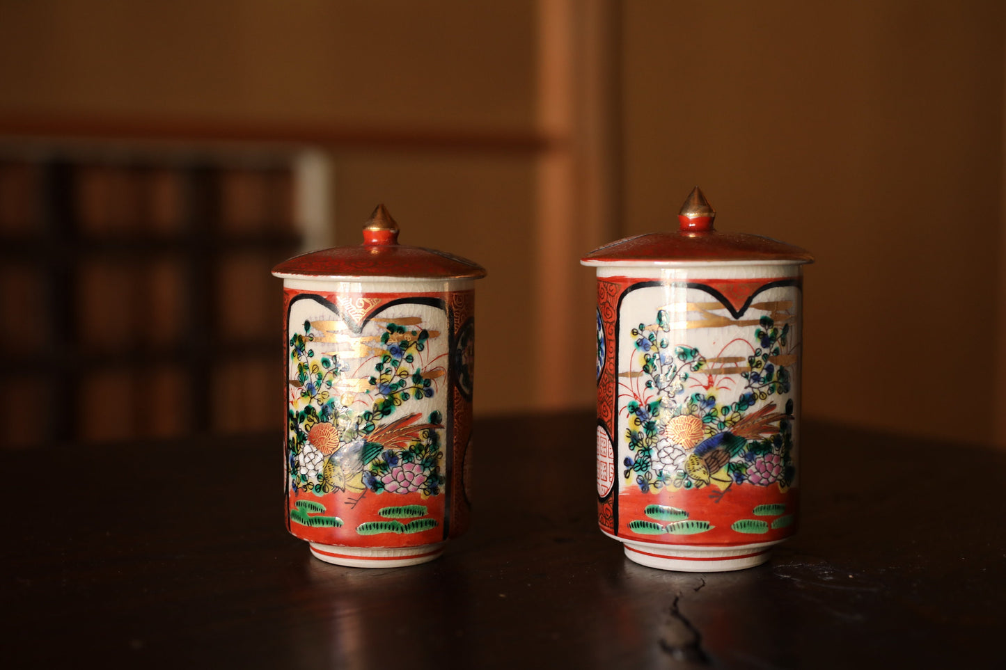 Pair lidded Tea Cup Japanese old Kutani antiques porcelain Gold, Tea Covered Cup, beautiful hand painting of flowers, Immortals H4.3in
