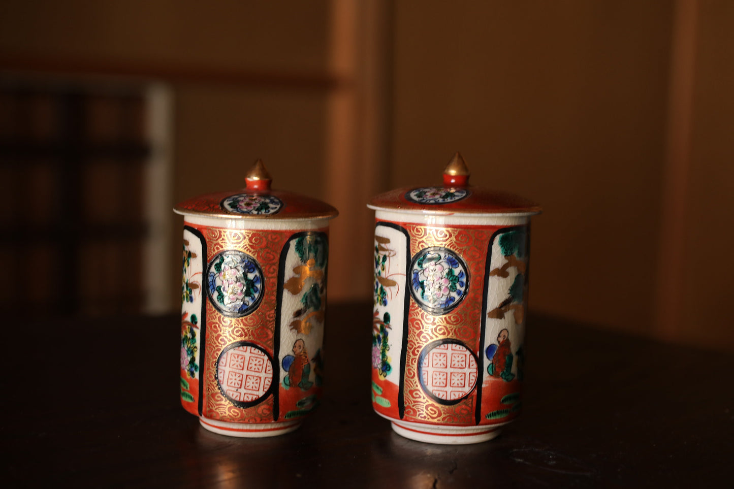 Pair lidded Tea Cup Japanese old Kutani antiques porcelain Gold, Tea Covered Cup, beautiful hand painting of flowers, Immortals H4.3in