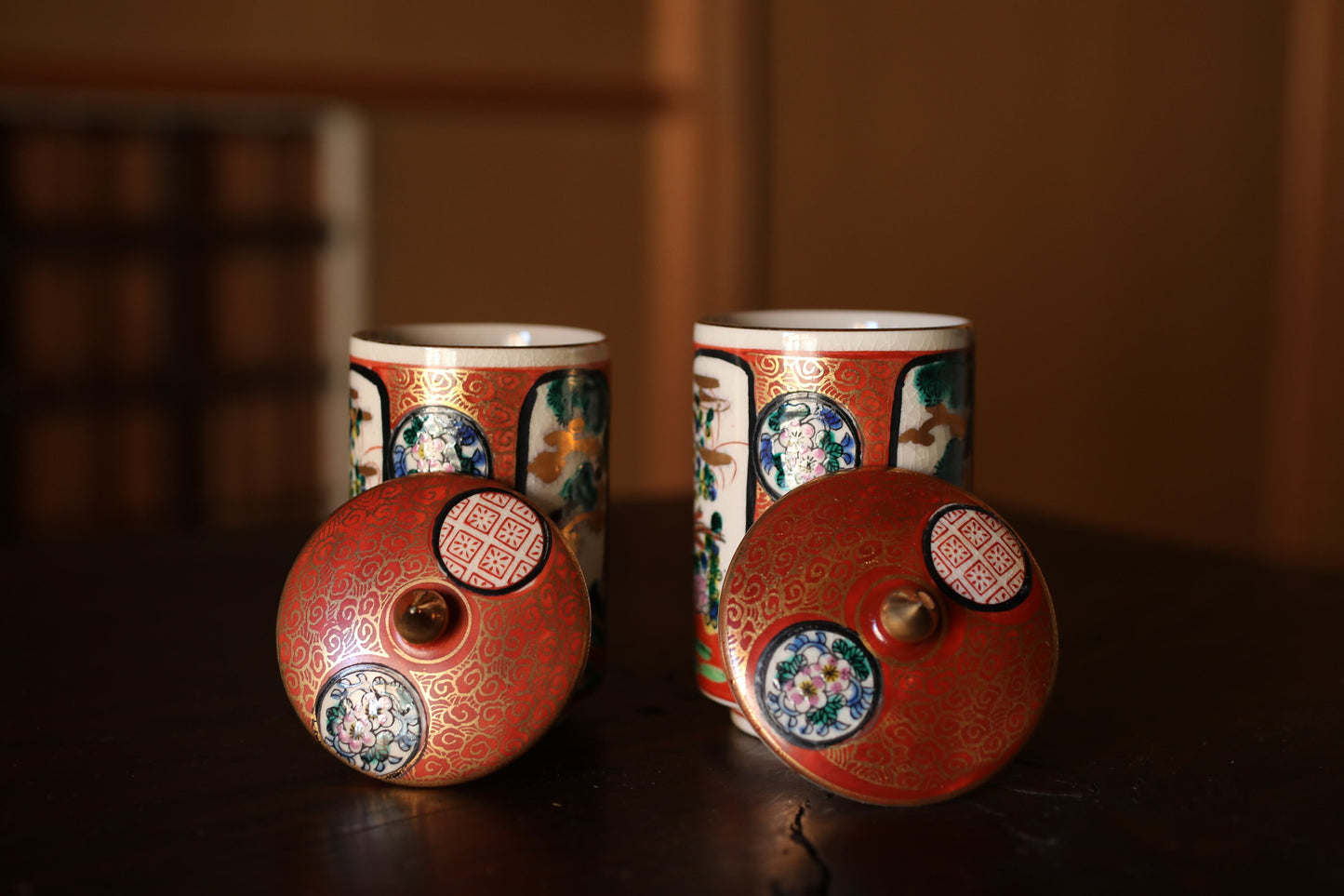 Pair lidded Tea Cup Japanese old Kutani antiques porcelain Gold, Tea Covered Cup, beautiful hand painting of flowers, Immortals H4.3in