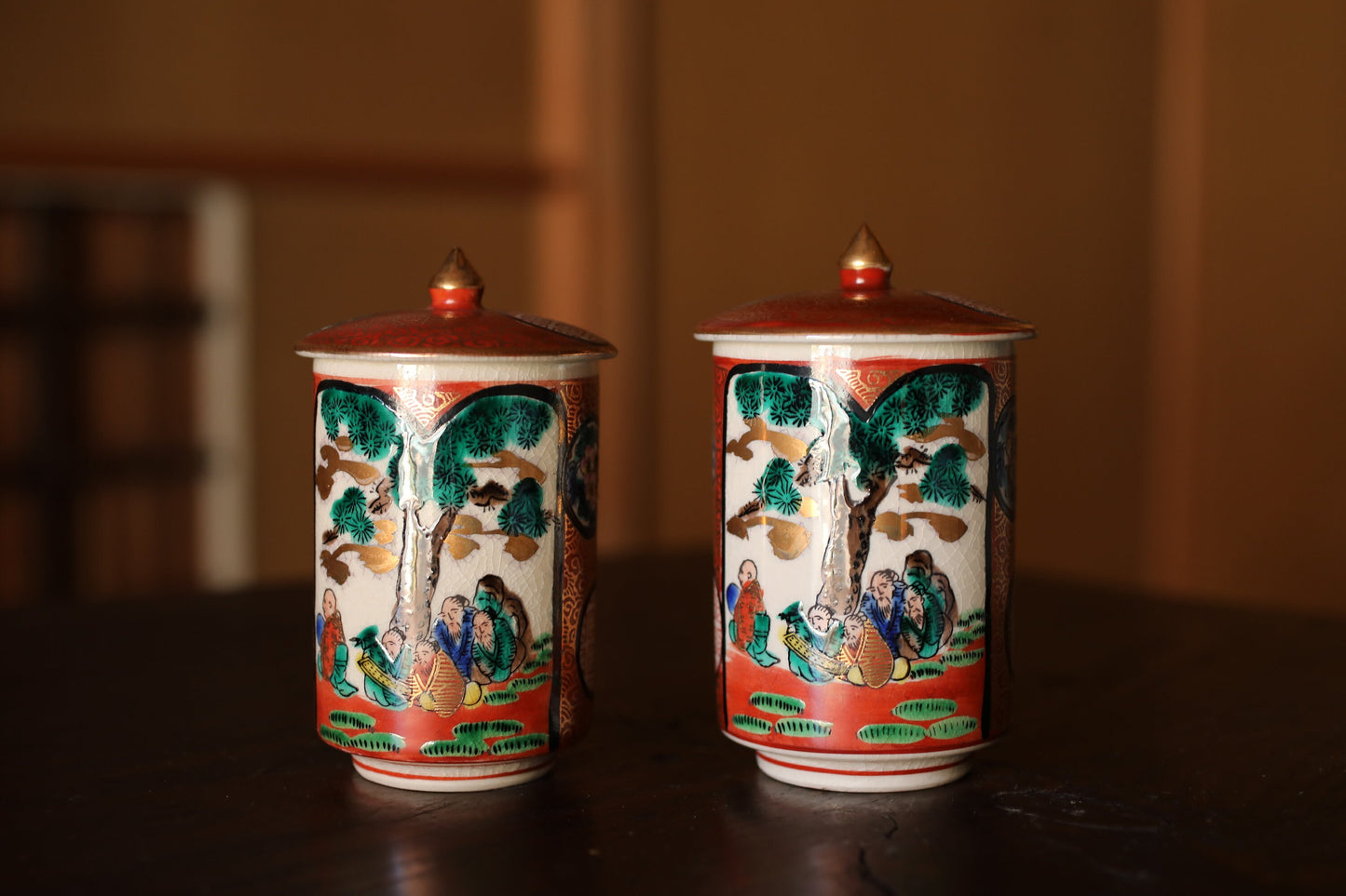 Pair lidded Tea Cup Japanese old Kutani antiques porcelain Gold, Tea Covered Cup, beautiful hand painting of flowers, Immortals H4.3in