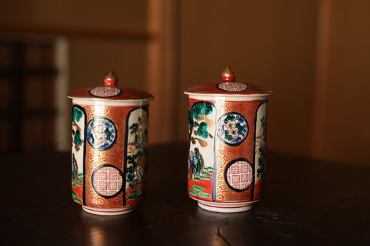 Pair lidded Tea Cup Japanese old Kutani antiques porcelain Gold, Tea Covered Cup, beautiful hand painting of flowers, Immortals H4.3in