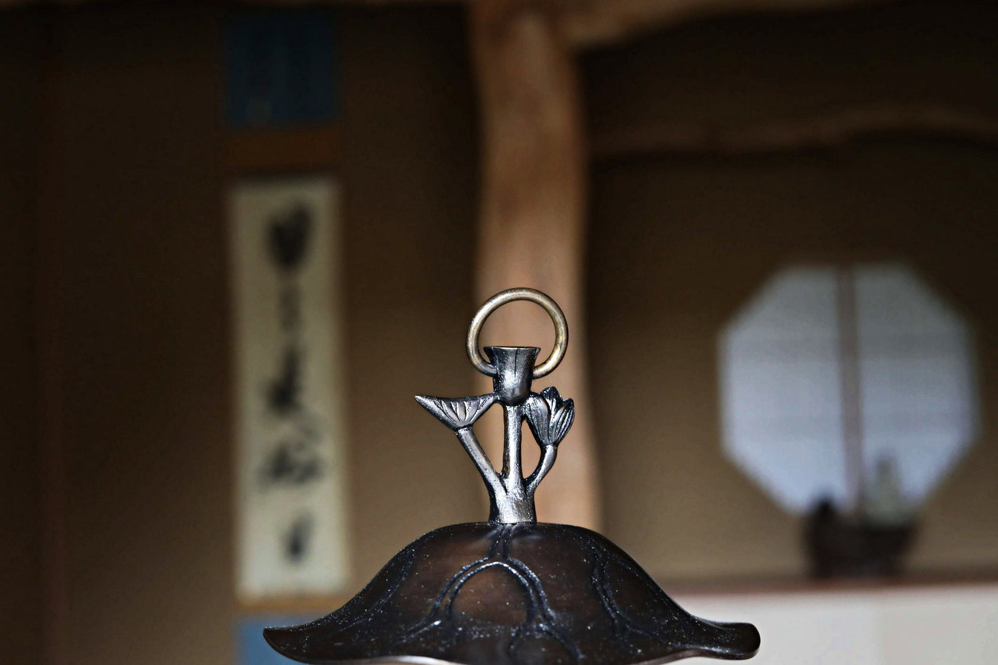 Japanese vintage bronze Pair of buddhist altar hanging lantern Candlestick Candle holder from temple lotus flower design H17.9in/H45.5cm