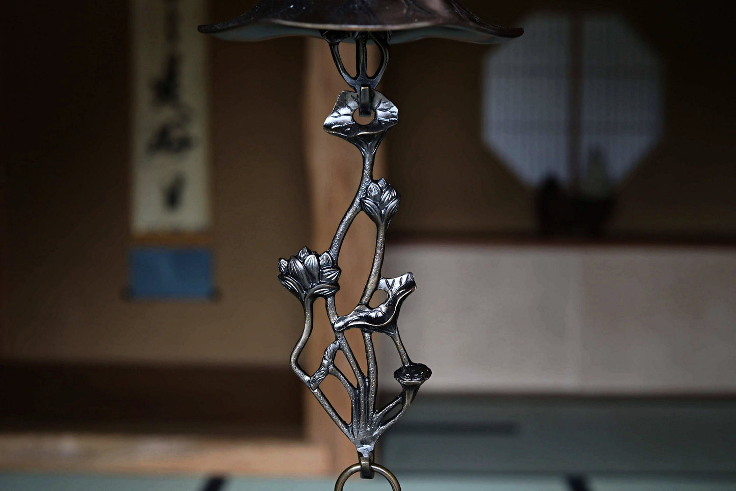 Japanese vintage bronze Pair of buddhist altar hanging lantern Candlestick Candle holder from temple lotus flower design H17.9in/H45.5cm