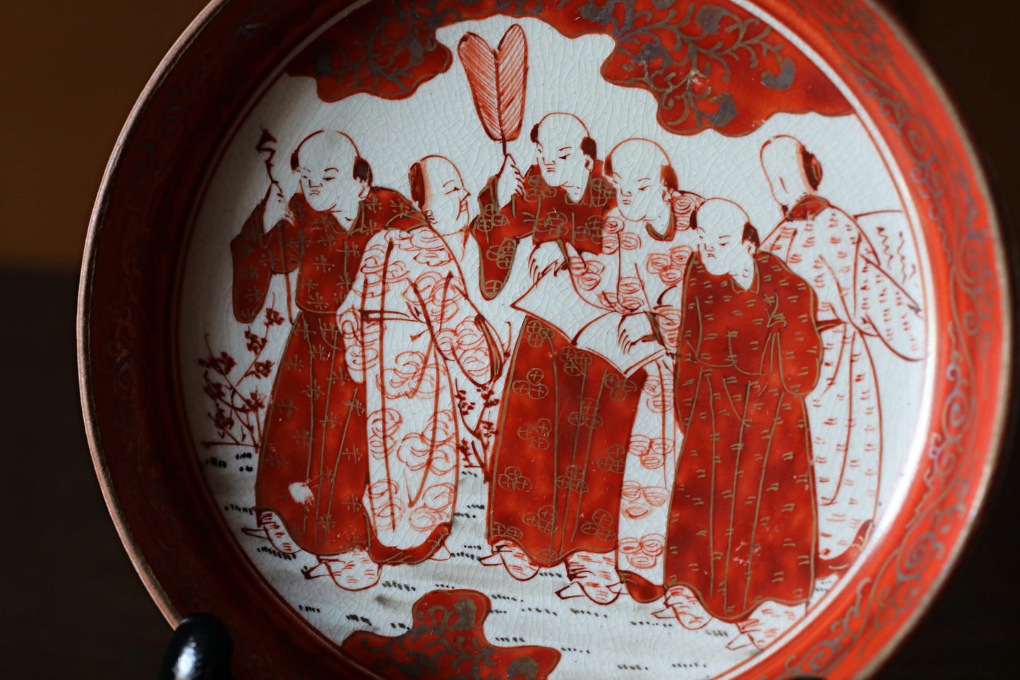 FINE! 1800s Meiji-Edo Set of 5 Japanese antique small plates porcelain dishes, beautiful Silver and Red Kutani Seven Hermits 4.9in/12.5cm