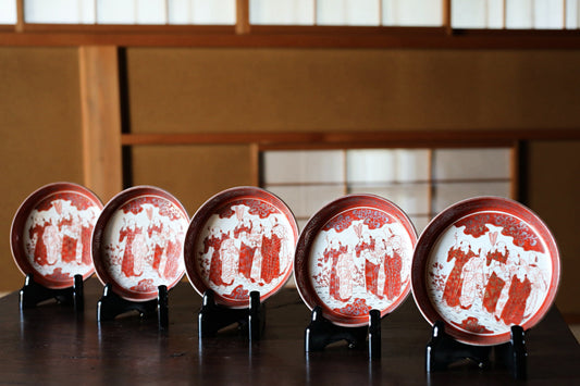 FINE! 1800s Meiji-Edo Set of 5 Japanese antique small plates porcelain dishes, beautiful Silver and Red Kutani Seven Hermits 4.9in/12.5cm