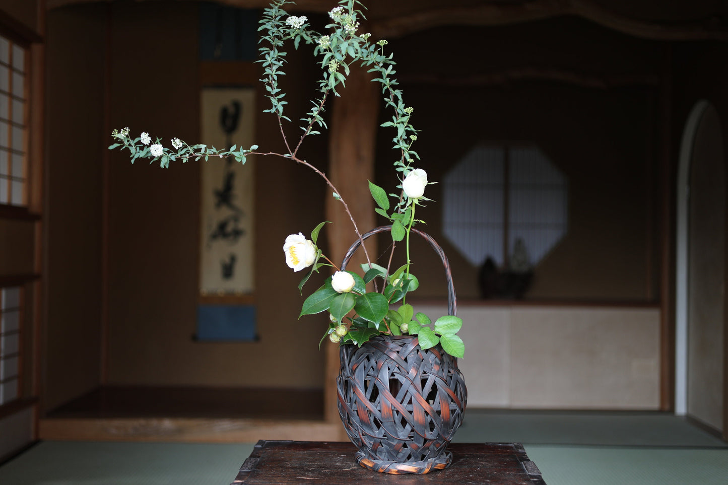 Japanese antique bamboo woven basket in smoke stained color with Inner vase For IKEBANA Tea ceremony, Hana-kago 1920s H16.5×7.1in