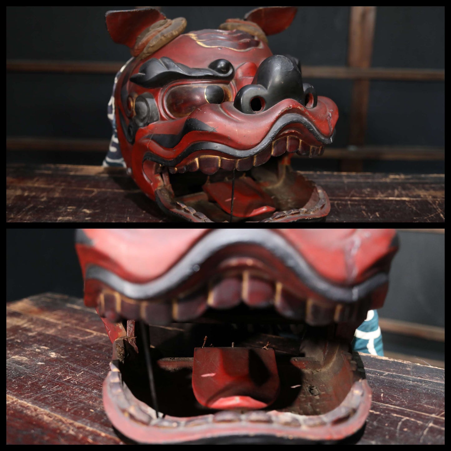 Japanese antique 1800s Shishi BIG wood mask with large cloth hand carving lacquer lion's head Festival sculptures H12.2×13.6in/H31×34.5cm