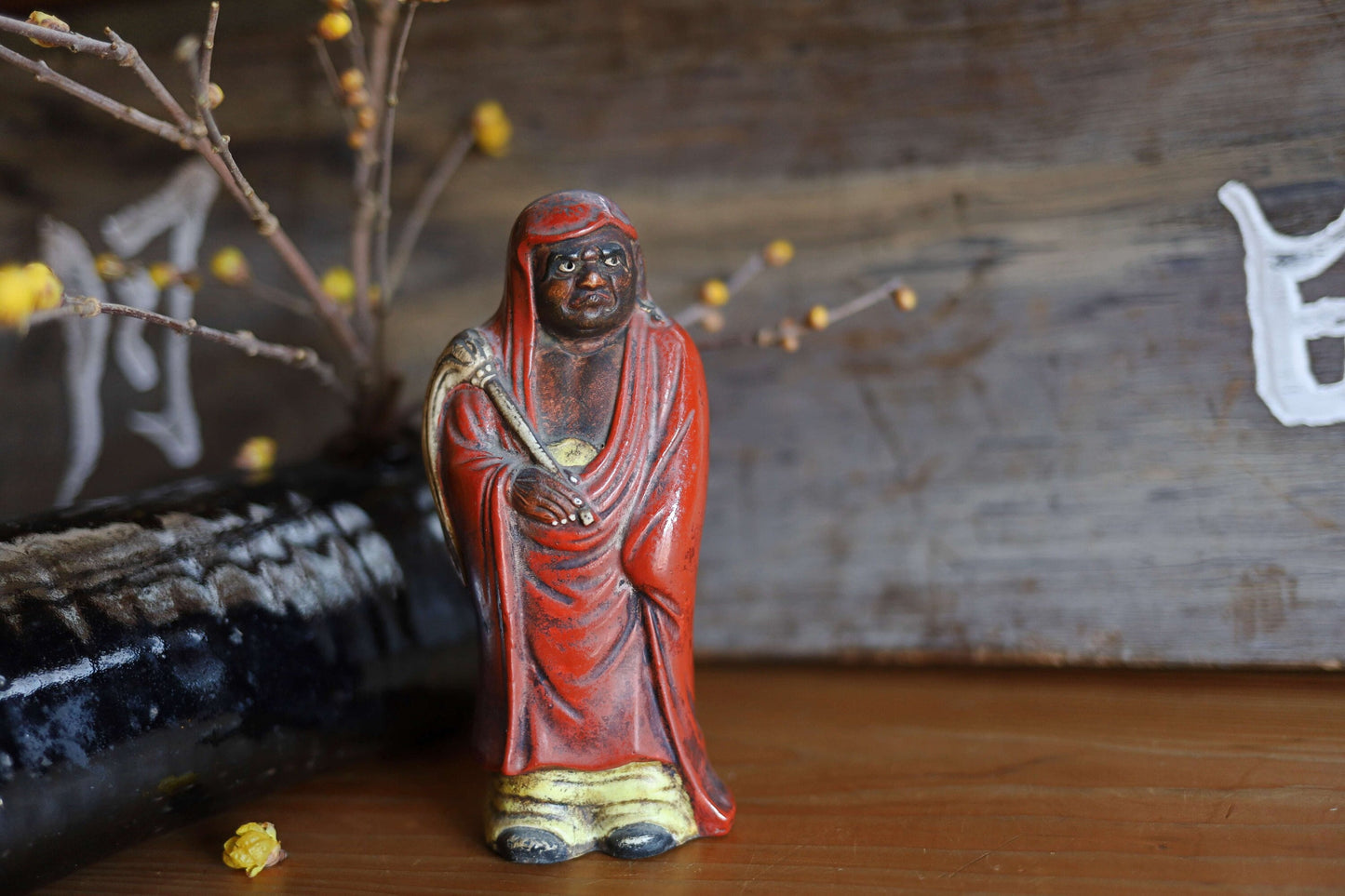 Japanese vintage ornament 1950s DARUMA doll statue, ceramic statue Buddhist monk priest ZEN master H7×W3in/H17.7×7.5cm