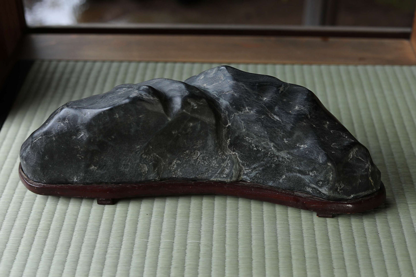 Japanese old "SUISEKI" scholars stone, indoor viewing stone, Zen garden stone, with a hand carved pedestal H4.7in x W17.5in