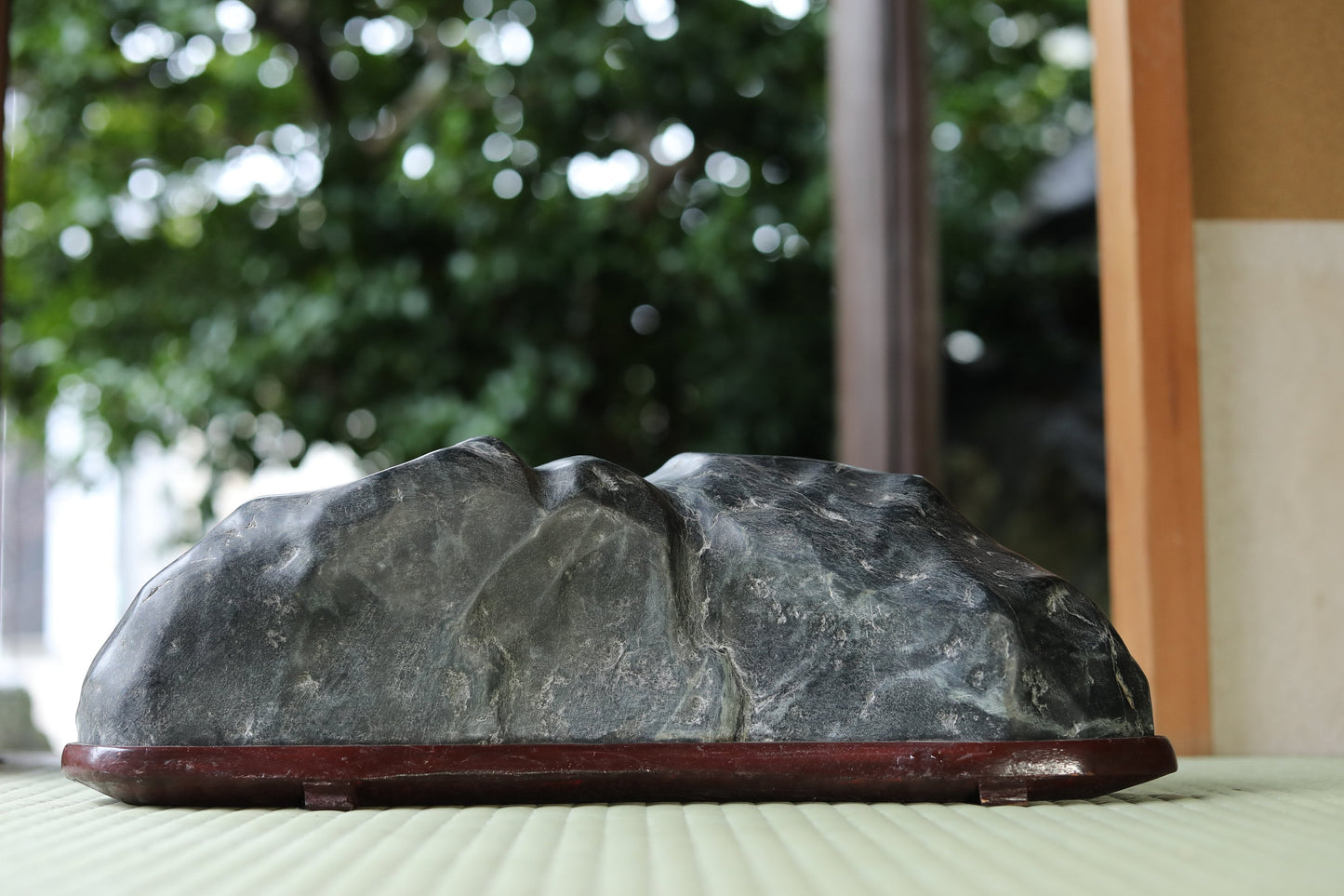 Japanese old "SUISEKI" scholars stone, indoor viewing stone, Zen garden stone, with a hand carved pedestal H4.7in x W17.5in