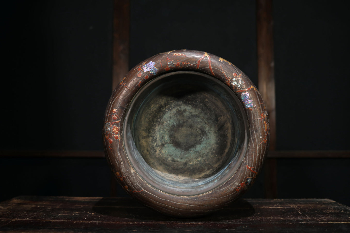 Japanese furniture 1880s Antique wood Hibachi brazier charcoal Fire Holder with Makie of quail birds and plum blossom design 15.4in/39cm