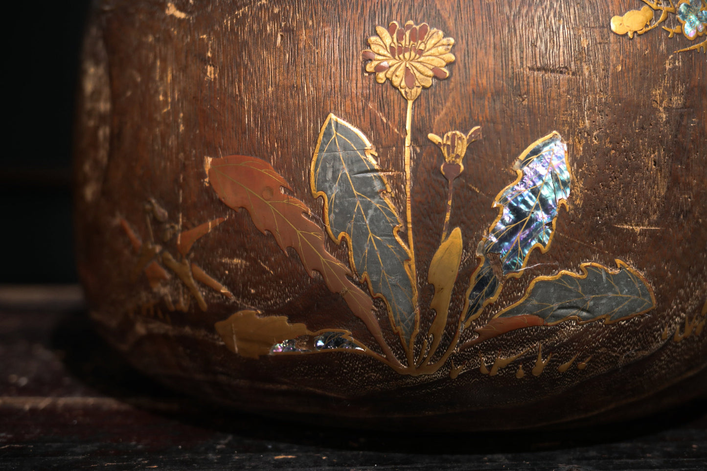 Japanese furniture 1880s Antique wood Hibachi brazier charcoal Fire Holder with Makie of quail birds and plum blossom design 15.4in/39cm