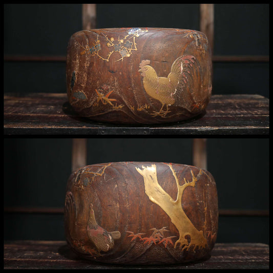 Japanese furniture 1880s Antique wood Hibachi brazier charcoal Fire Holder with Makie of quail birds and plum blossom design 15.4in/39cm