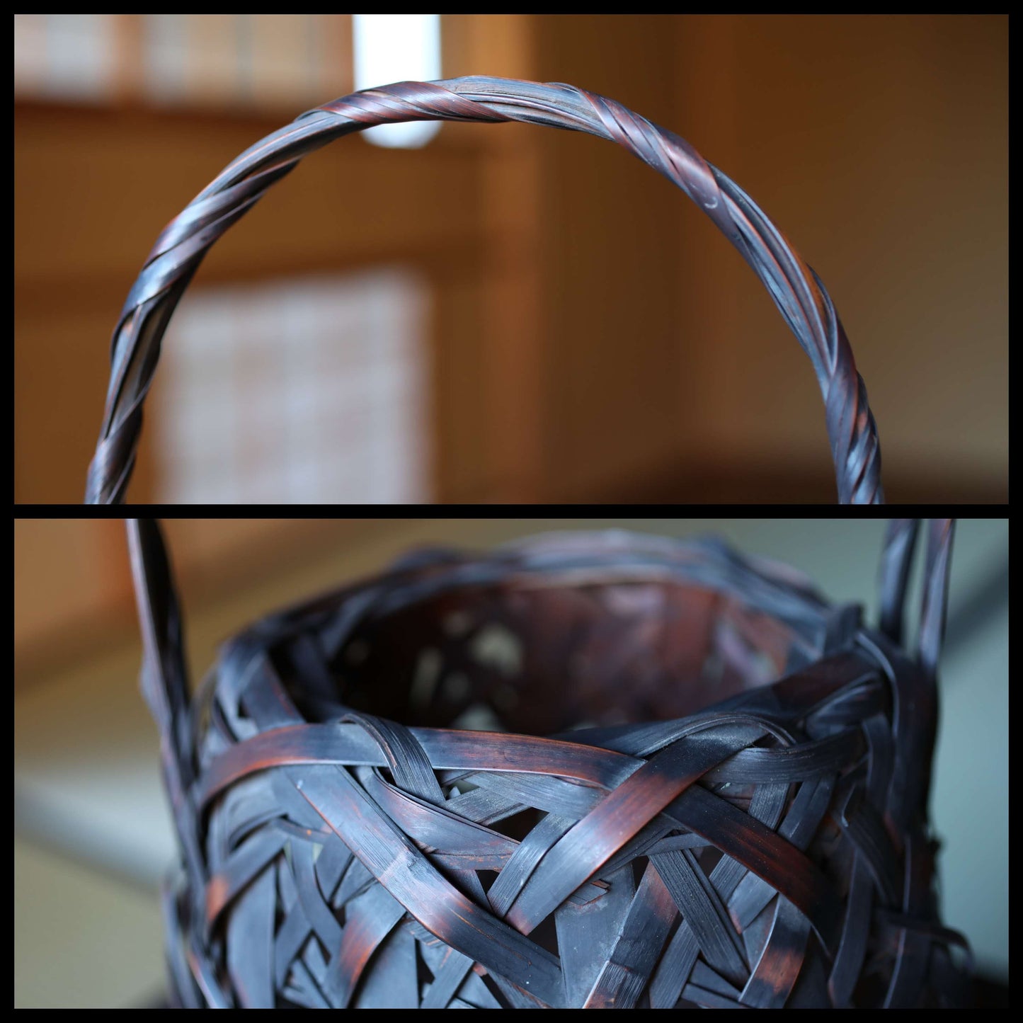 Japanese antique bamboo woven basket in smoke stained color with Inner vase For IKEBANA Tea ceremony, Hana-kago 1920s H16.5×7.1in