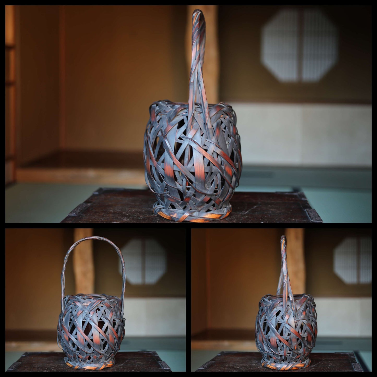 Japanese antique bamboo woven basket in smoke stained color with Inner vase For IKEBANA Tea ceremony, Hana-kago 1920s H16.5×7.1in