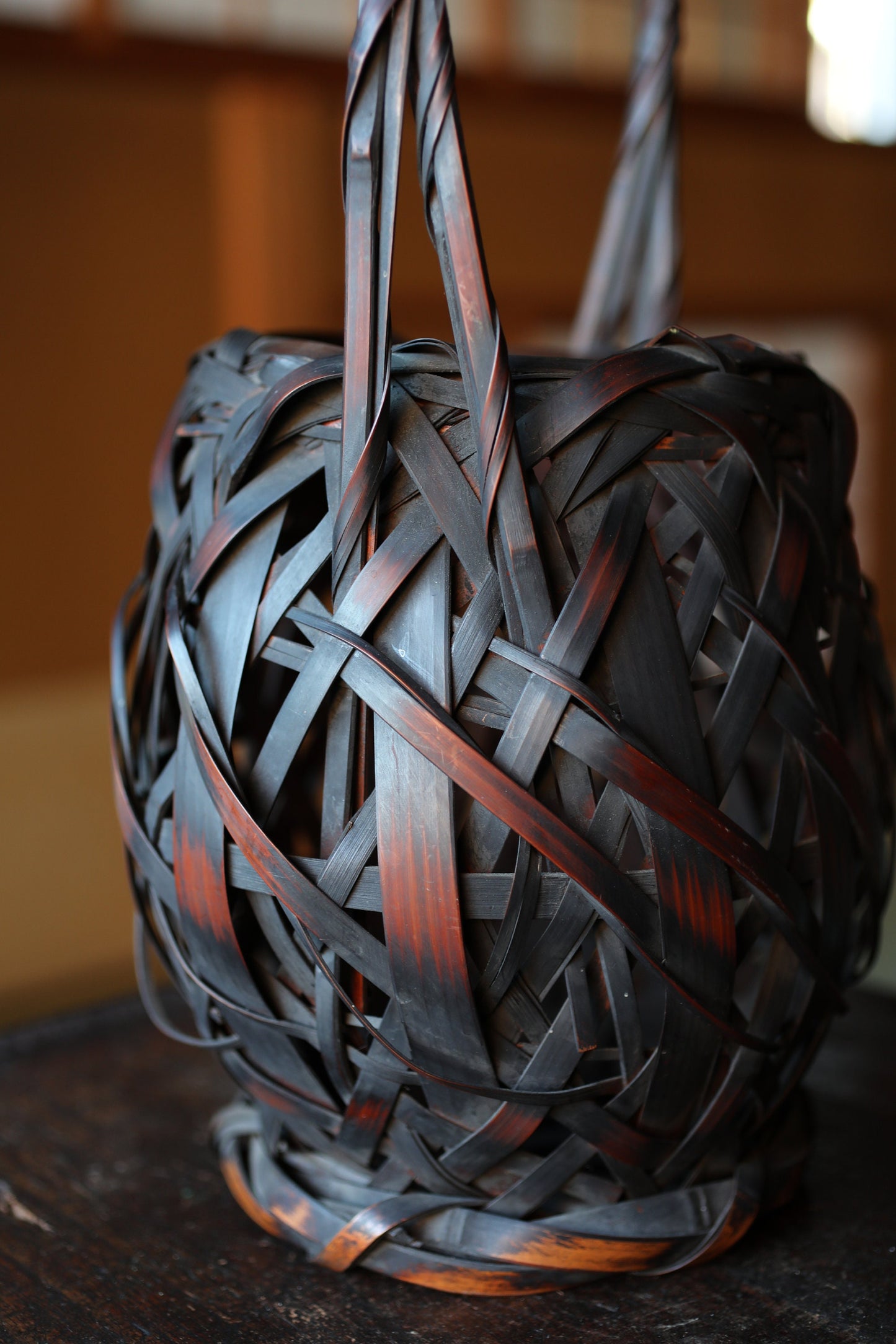 Japanese antique bamboo woven basket in smoke stained color with Inner vase For IKEBANA Tea ceremony, Hana-kago 1920s H16.5×7.1in