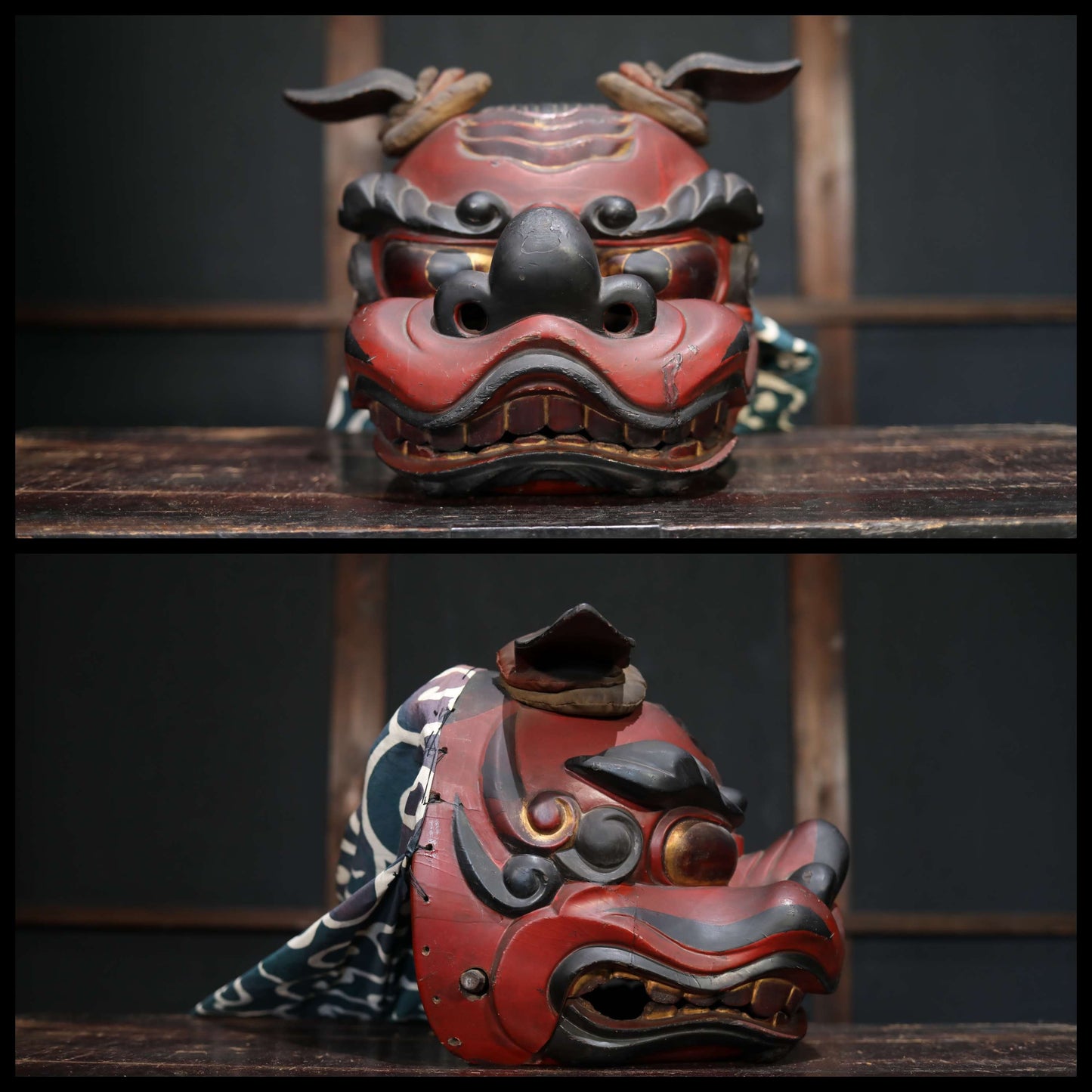 Japanese antique 1800s Shishi BIG wood mask with large cloth hand carving lacquer lion's head Festival sculptures H12.2×13.6in/H31×34.5cm
