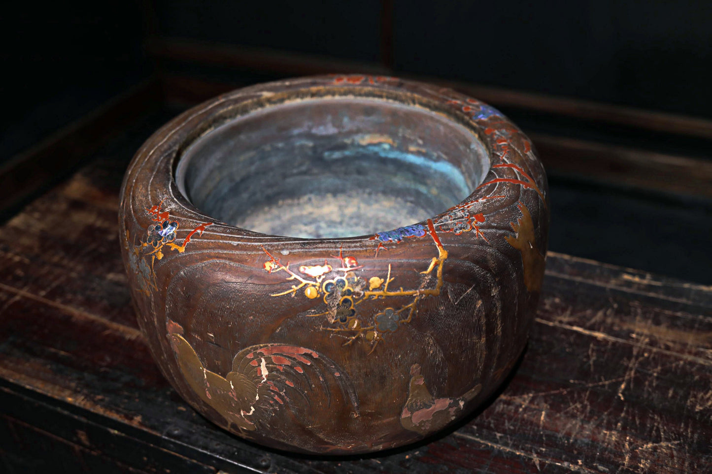 Japanese furniture 1880s Antique wood Hibachi brazier charcoal Fire Holder with Makie of quail birds and plum blossom design 15.4in/39cm