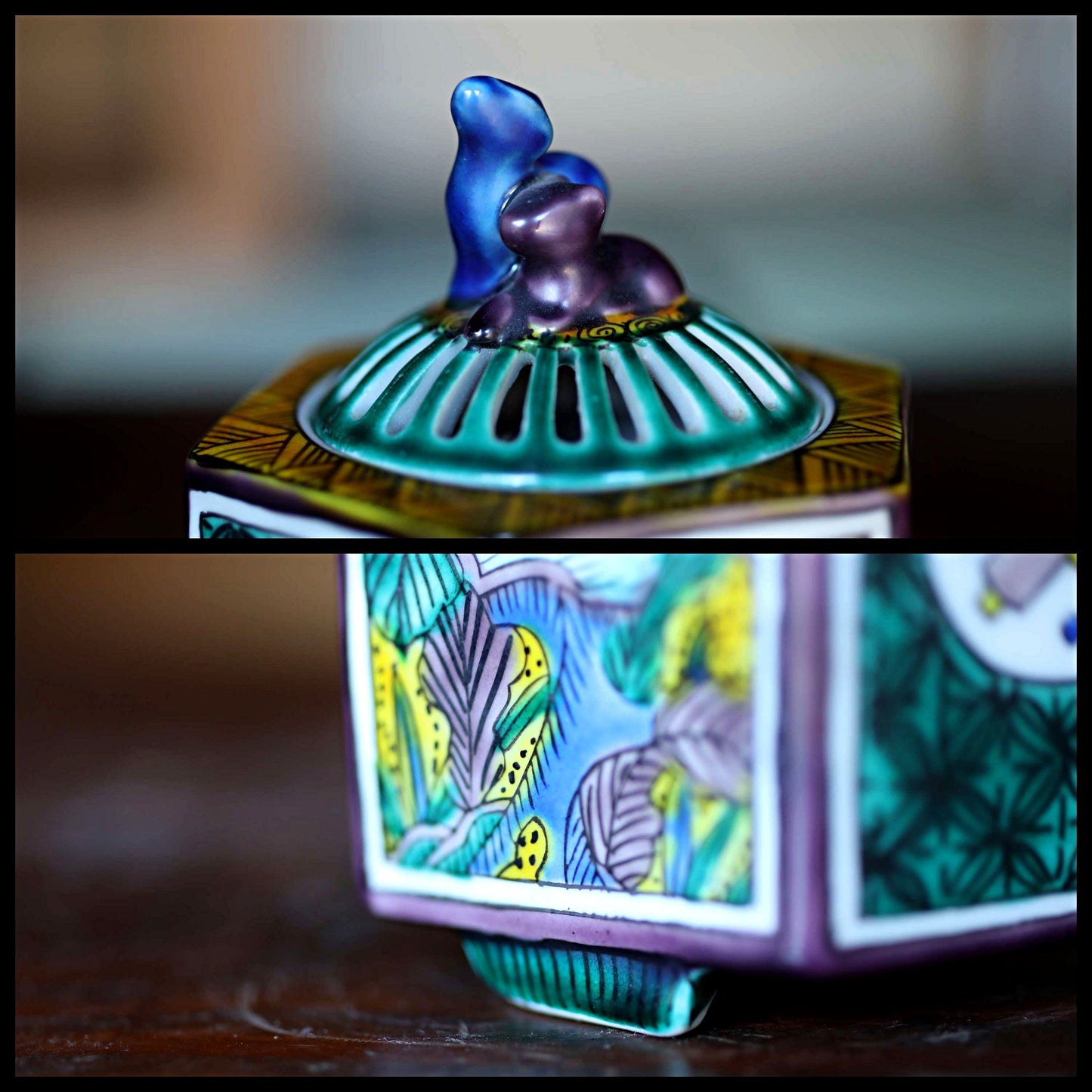 Japanese vintage 1960s KUTANI ware porcelain incense burner flower bird Couple of deer design For GIFT H4.7×3.3in/H12×8.5cm
