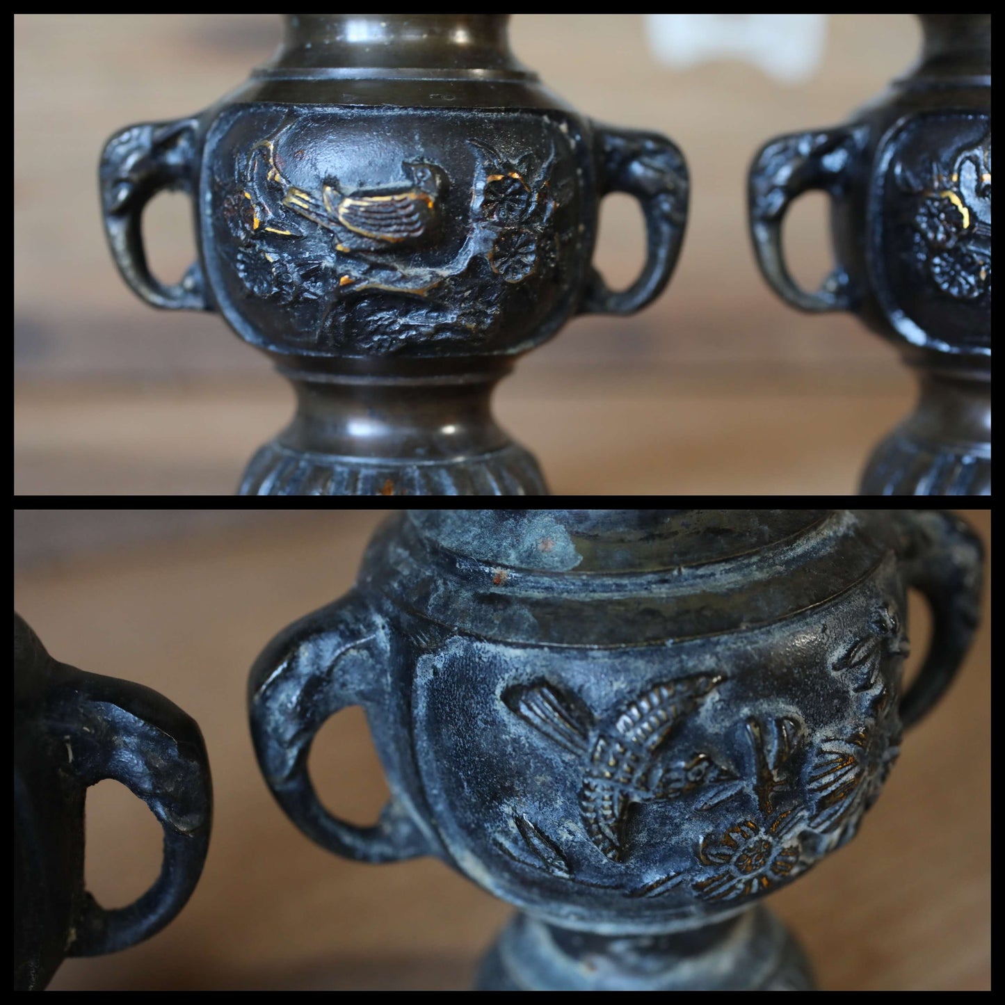 Japanese vintage bronze set of candlestick, censer, vase/ Bird shishi lion Buddhist temple altar metal craft H6.3in/H16cm