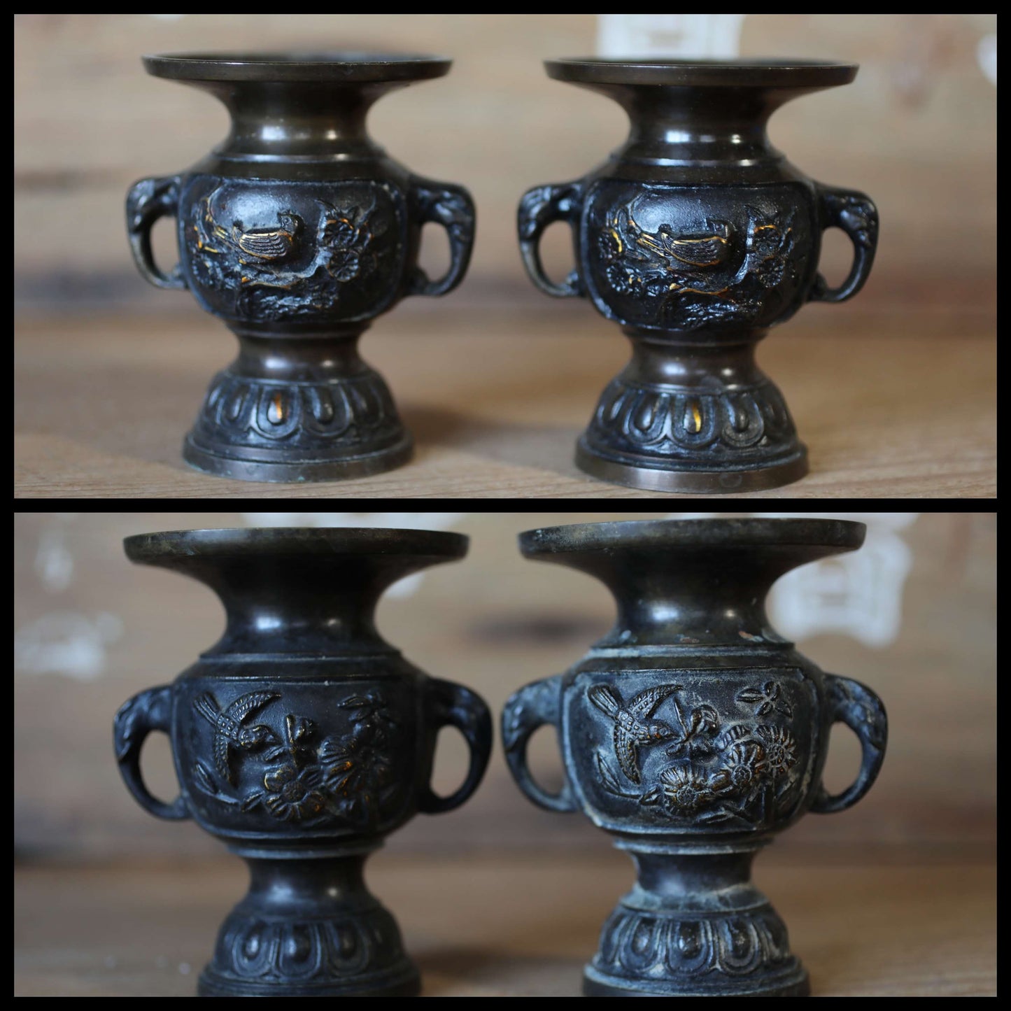 Japanese vintage bronze set of candlestick, censer, vase/ Bird shishi lion Buddhist temple altar metal craft H6.3in/H16cm