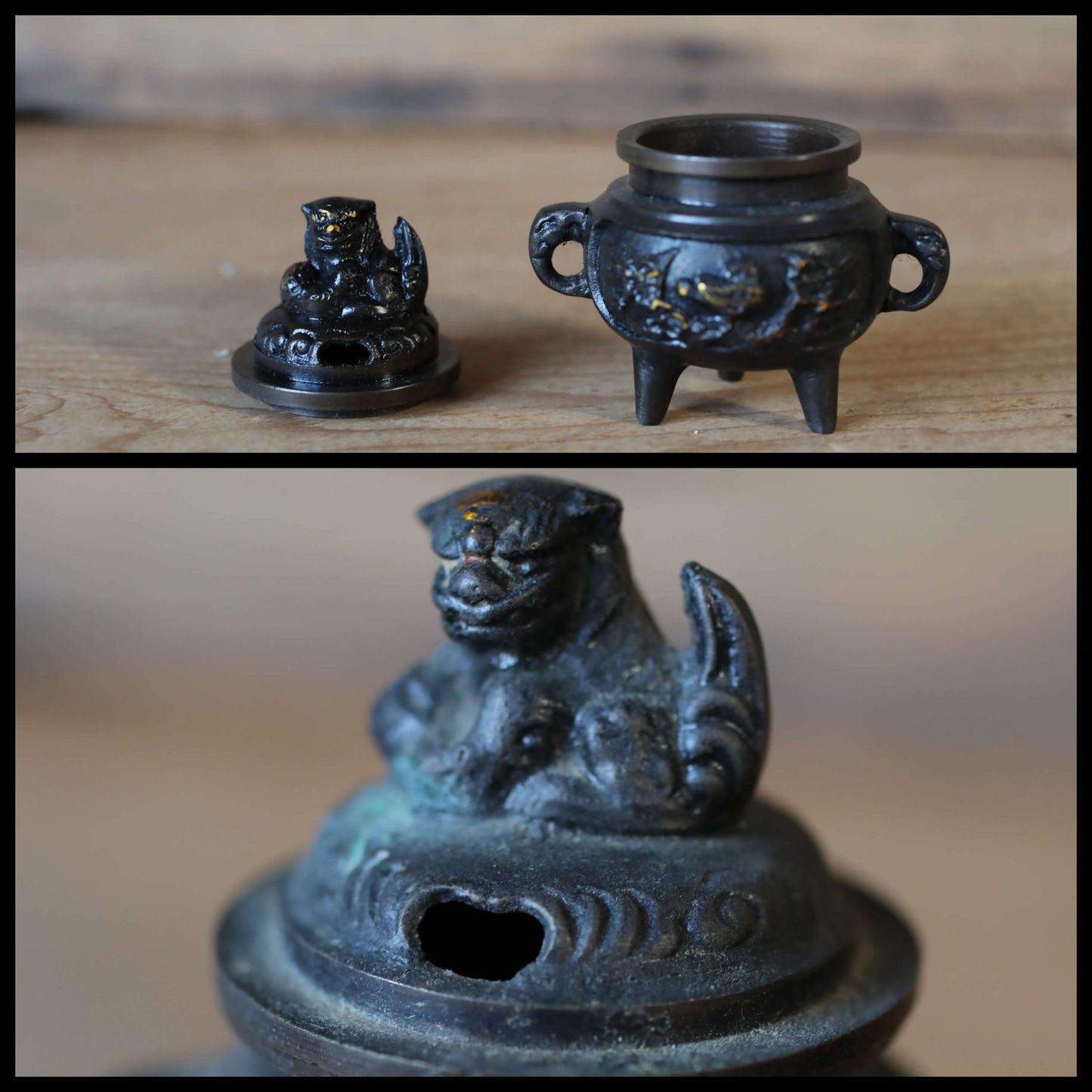 Japanese vintage bronze set of candlestick, censer, vase/ Bird shishi lion Buddhist temple altar metal craft H6.3in/H16cm
