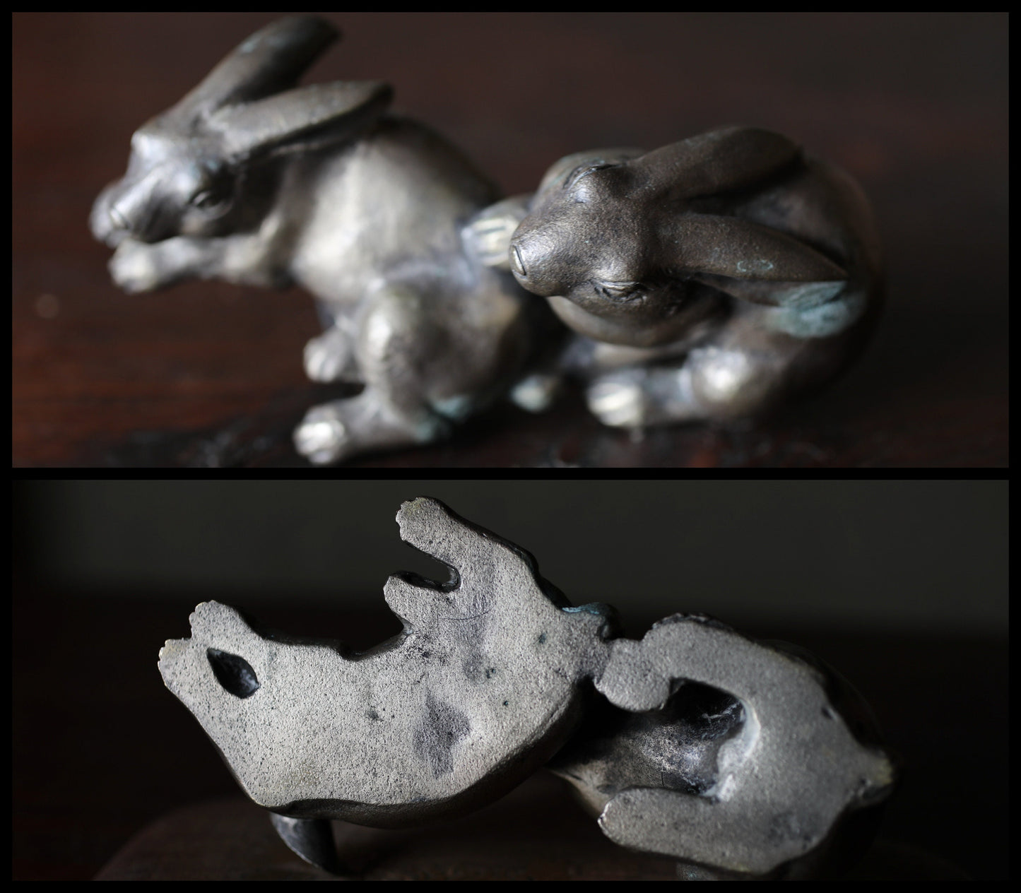 Japanese vintage Bronze rabbit doll statue ornament with beautiful gold Maki-e stand/ Japanese interior vintage metal animal W6.8in/W17.3cm