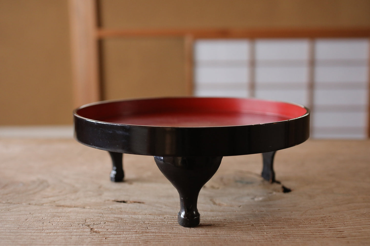 Japanese furniture URUSHI lacquer tray OBON, round shaped row table, red and black, wooden tableware Tea ceremony 3.9×10.8in/10×27.5cm
