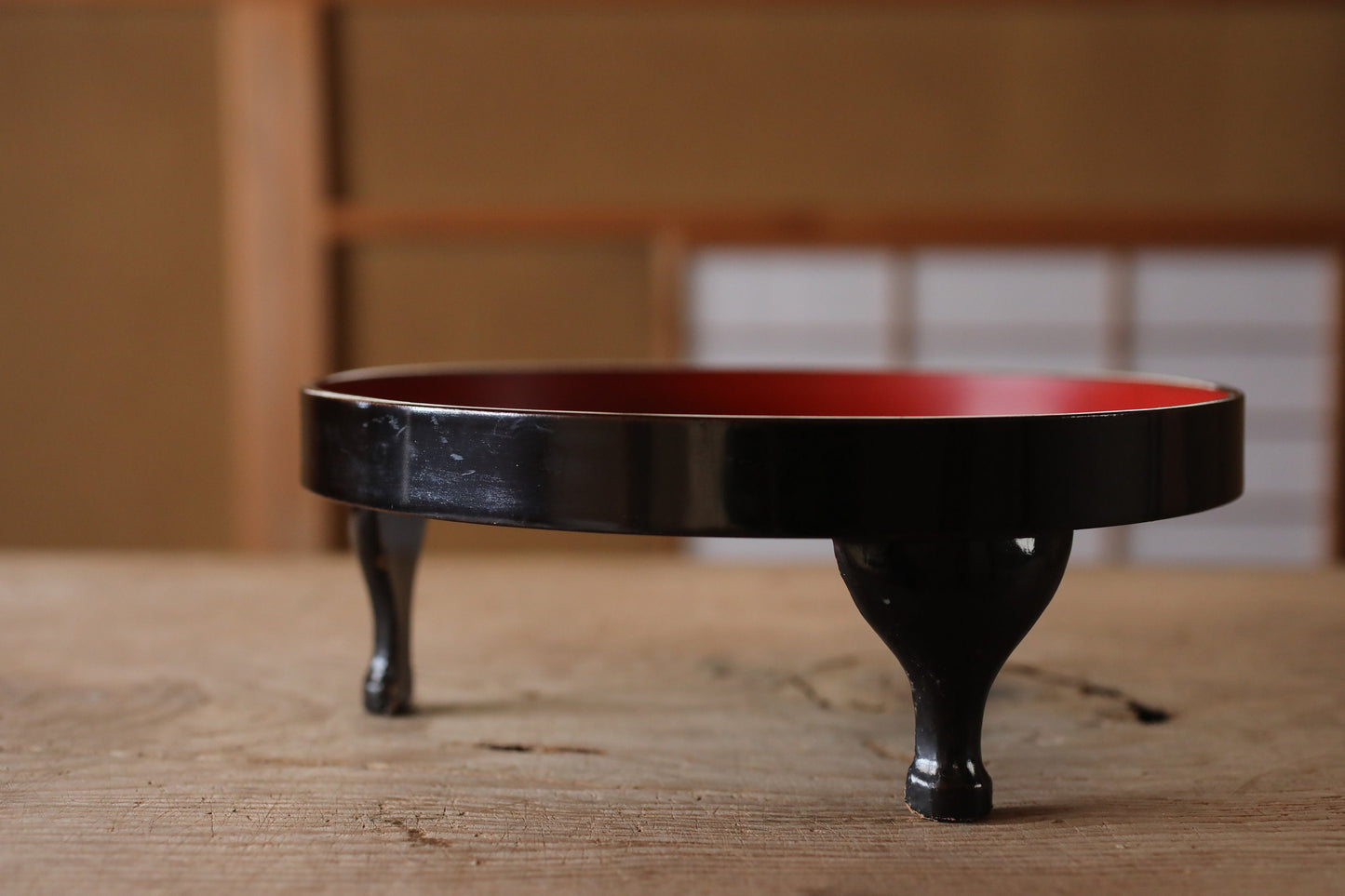 Japanese furniture URUSHI lacquer tray OBON, round shaped row table, red and black, wooden tableware Tea ceremony 3.9×10.8in/10×27.5cm