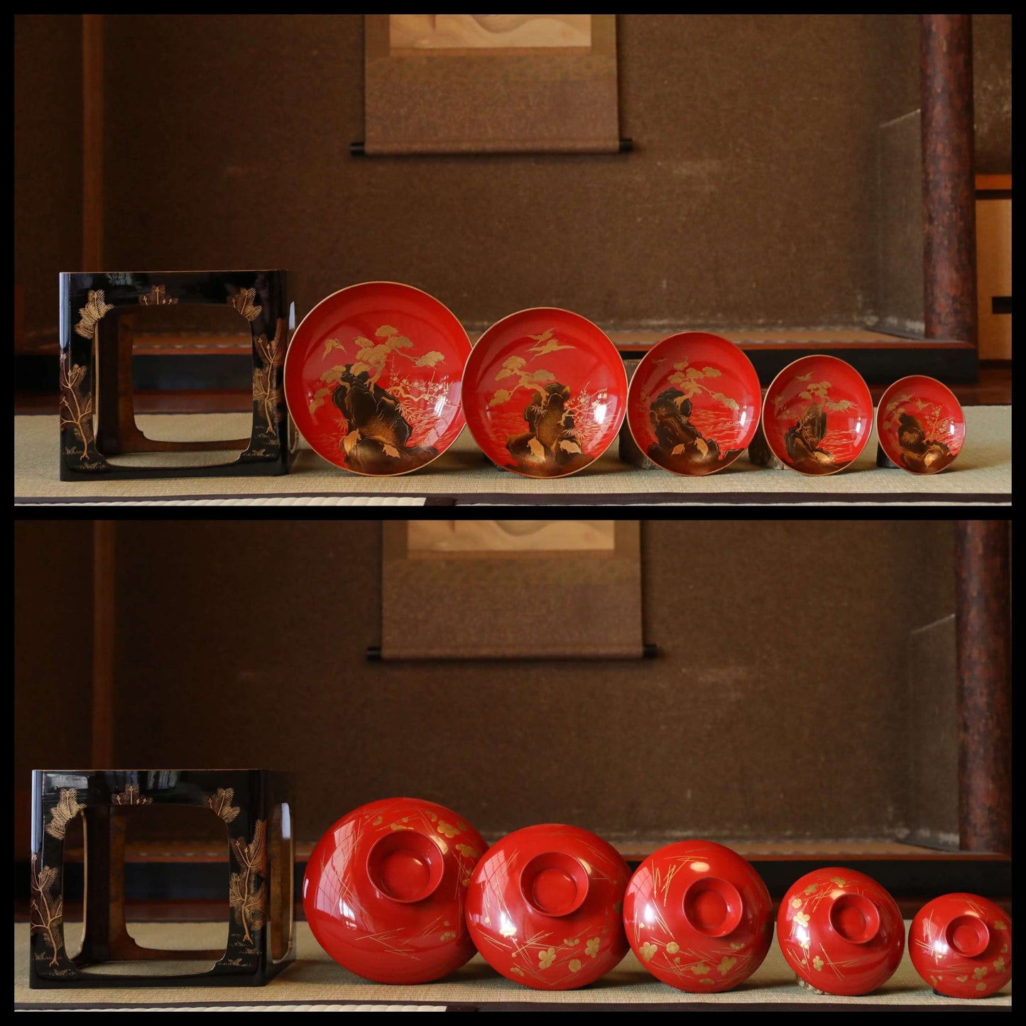 FINE! Japanese antique 1900s Gorgeous Lacquer ware set Sake cups gold MAKIE urushi with crane and tortoise ceremony tool H14.6in/H37cm