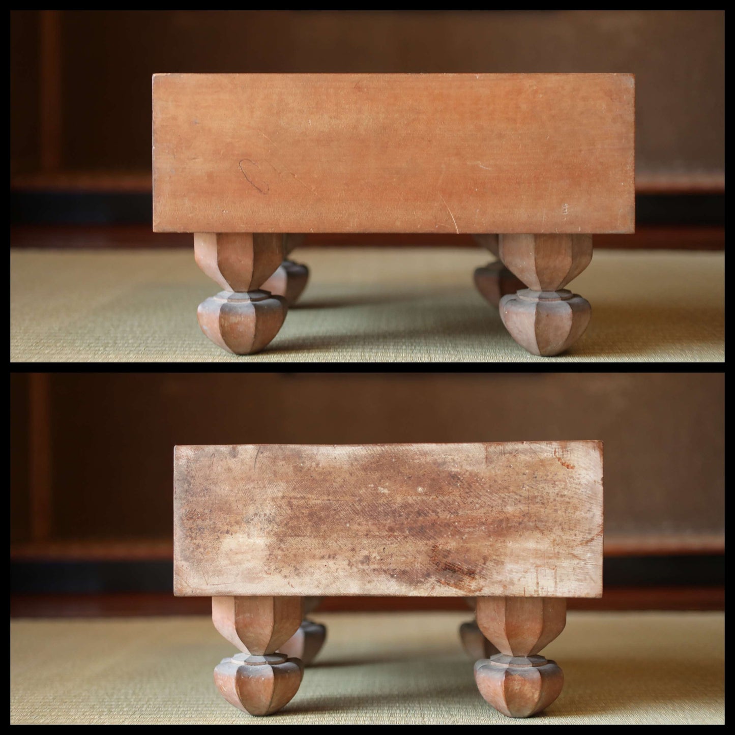 Japanese furniture antique SHOGI playing table curved out of one wood, with pieces ready to play, H8.5in×W14.1in/H21.5×35.7cm
