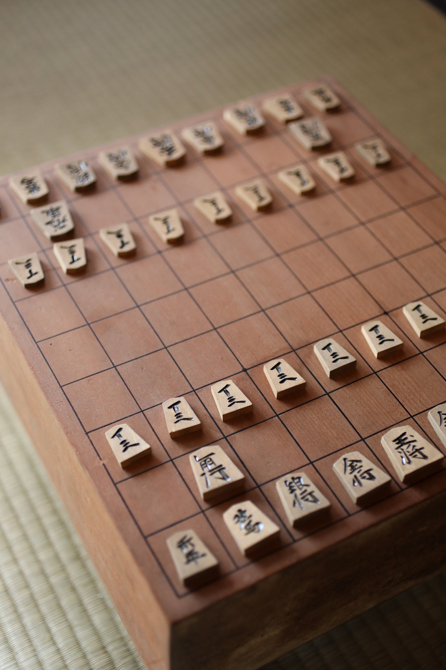 Japanese furniture antique SHOGI playing table curved out of one wood, with pieces ready to play, H8.5in×W14.1in/H21.5×35.7cm