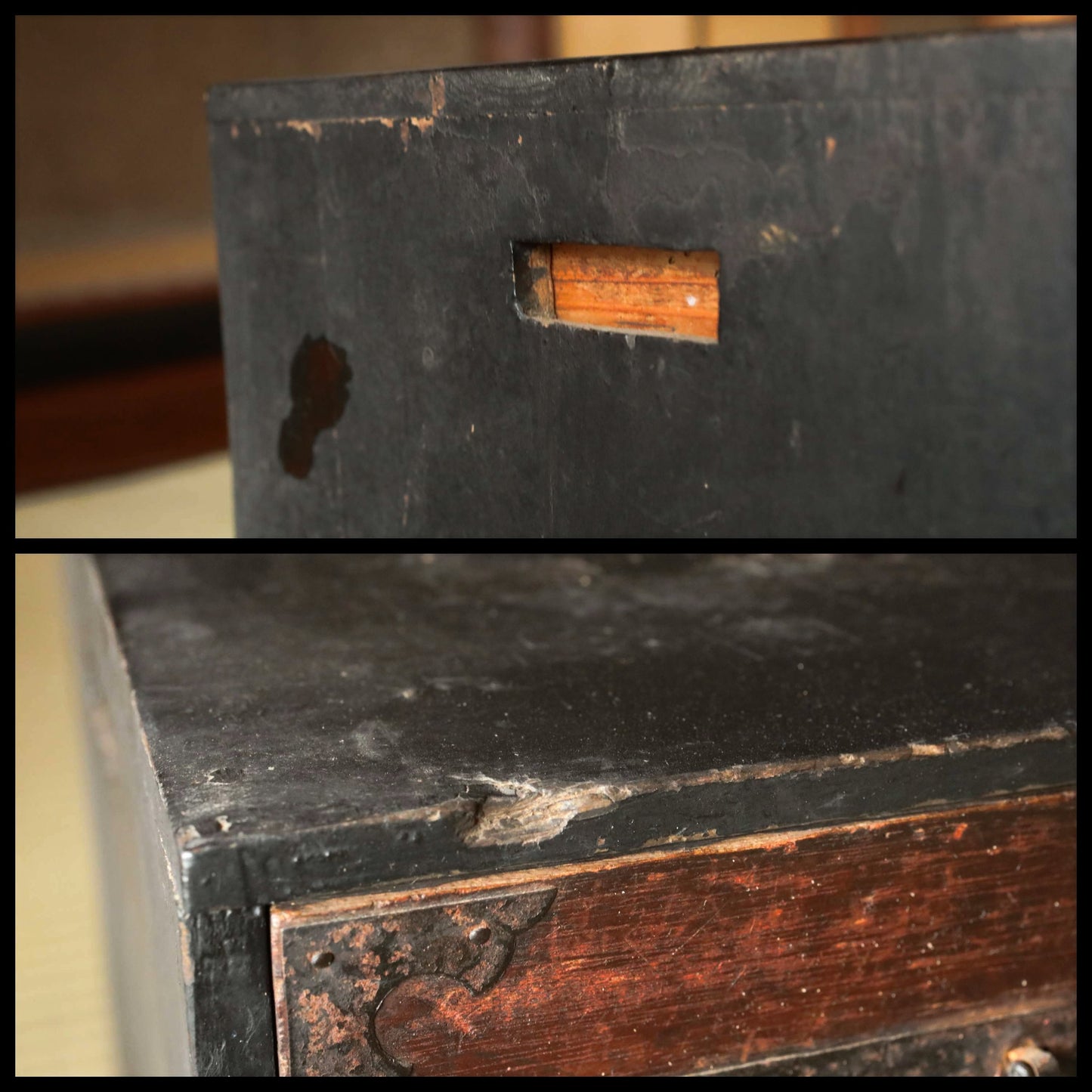 FINE! Japanese antique furniture 1800s black wooden low Chest of Drawers "TANSU" cool metal clasp Edo craft H10.6in×W22.4in×27in×57cm