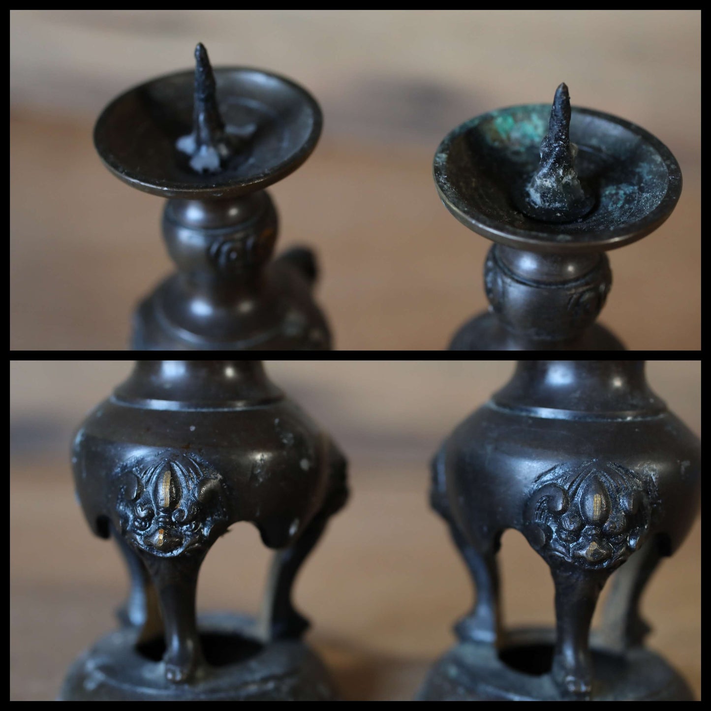Japanese vintage bronze set of candlestick, censer, vase/ Bird shishi lion Buddhist temple altar metal craft H6.3in/H16cm