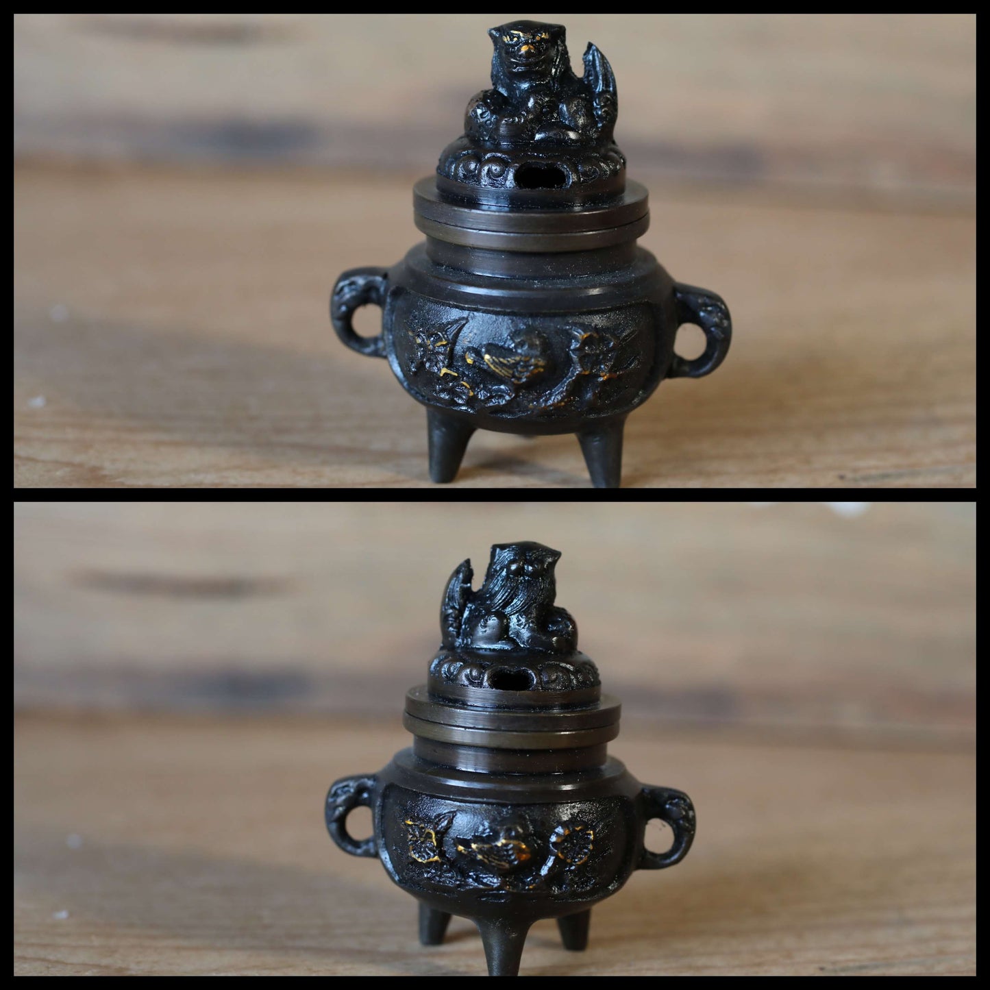 Japanese vintage bronze set of candlestick, censer, vase/ Bird shishi lion Buddhist temple altar metal craft H6.3in/H16cm