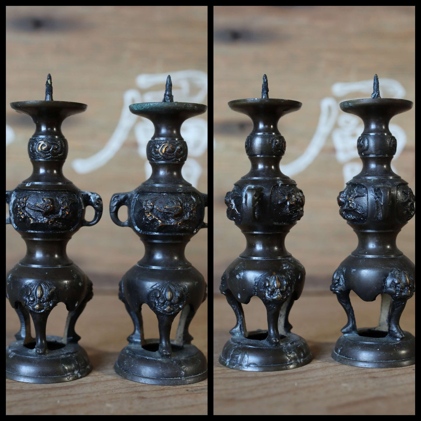 Japanese vintage bronze set of candlestick, censer, vase/ Bird shishi lion Buddhist temple altar metal craft H6.3in/H16cm