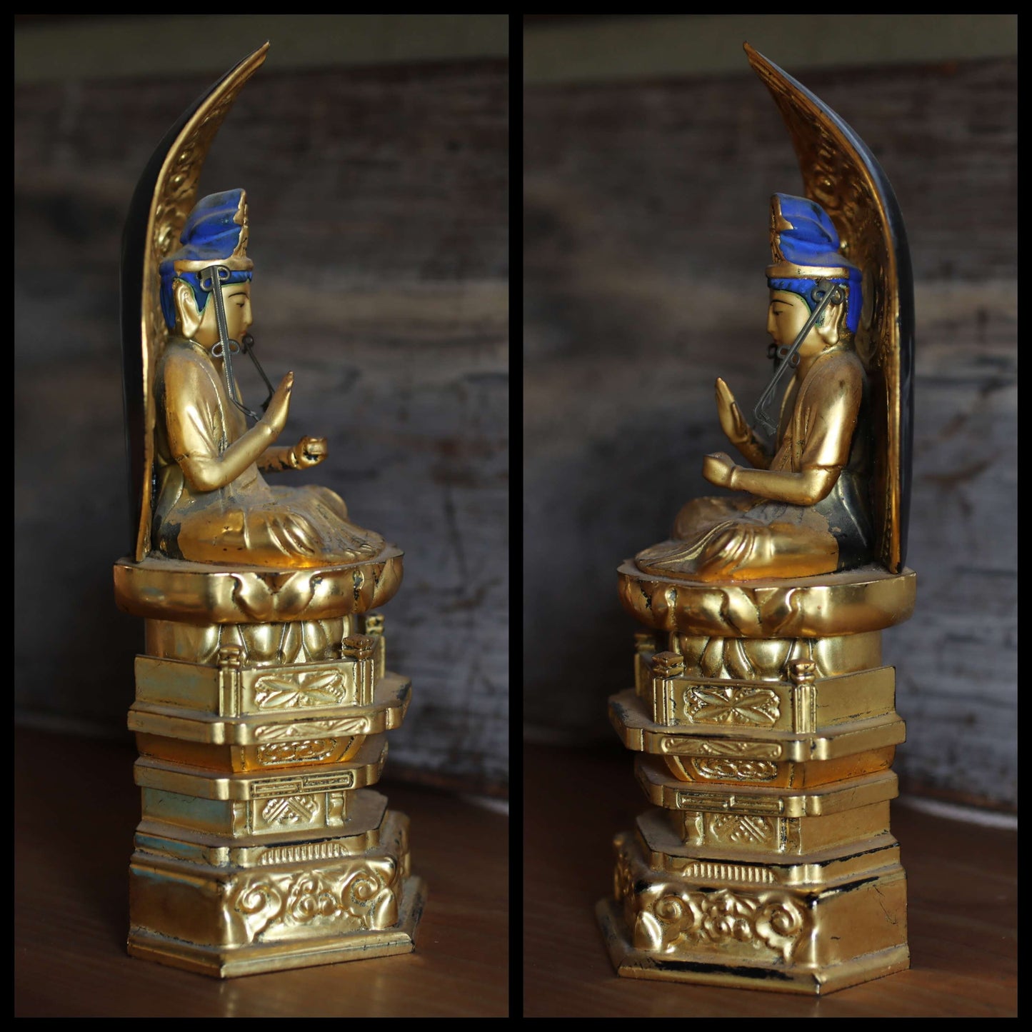 Japanese vintage wooden gold statue of Gautama Buddha, hand carved old buddhism sculpture Sakyamuni釈迦如来 H10.1×W3.9in/H25.7×10.8cm