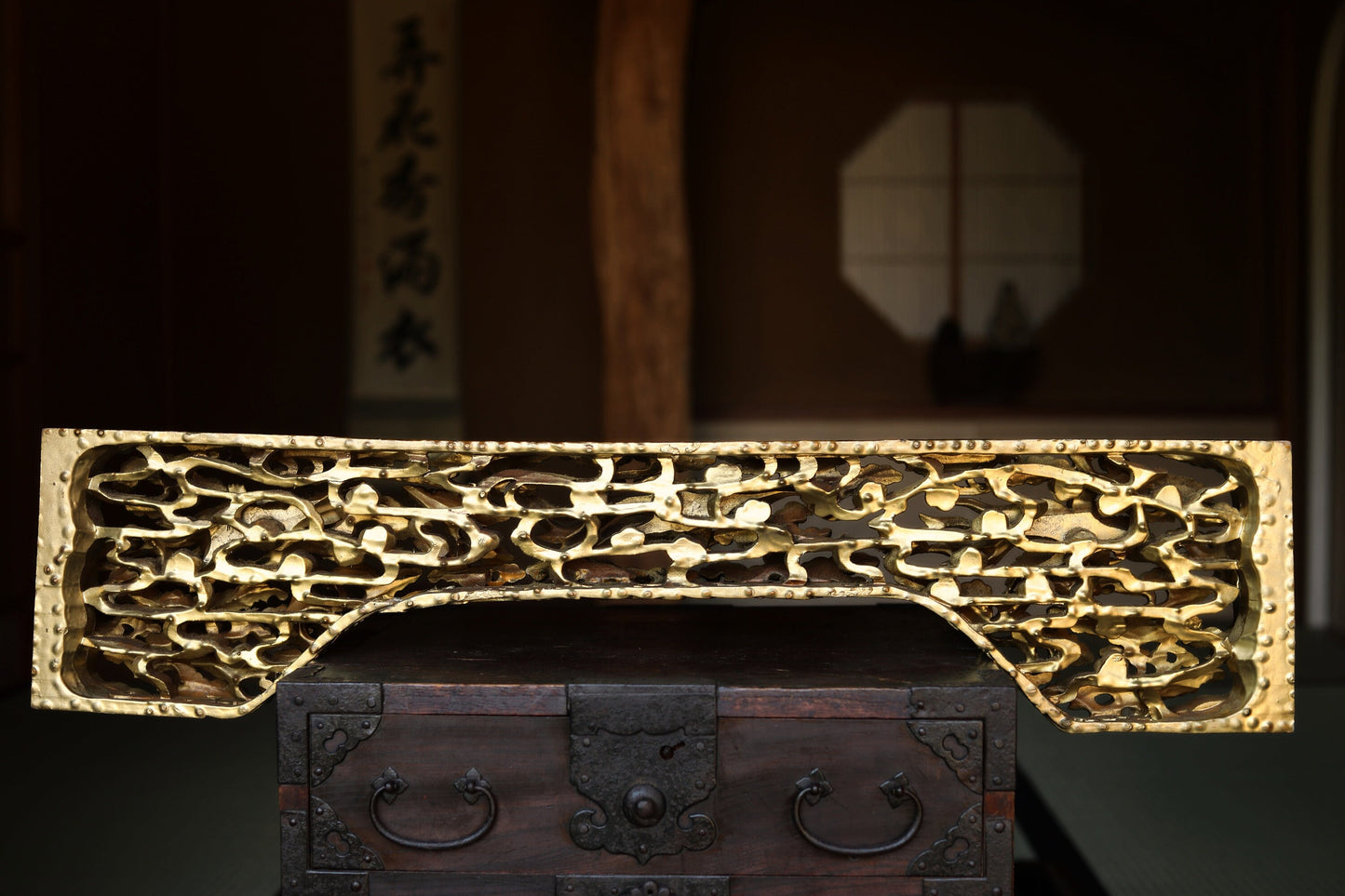 Japanese vintage art sculpture Handmade wood carving Gold Phoenixes and Clouds From buddhist temple Architectural Parts W35.2in/89.5cm