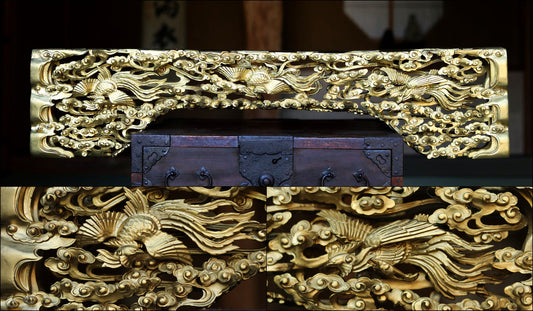 Japanese vintage art sculpture Handmade wood carving Gold Phoenixes and Clouds  From buddhist temple Architectural Parts W35.2in/89.5cm