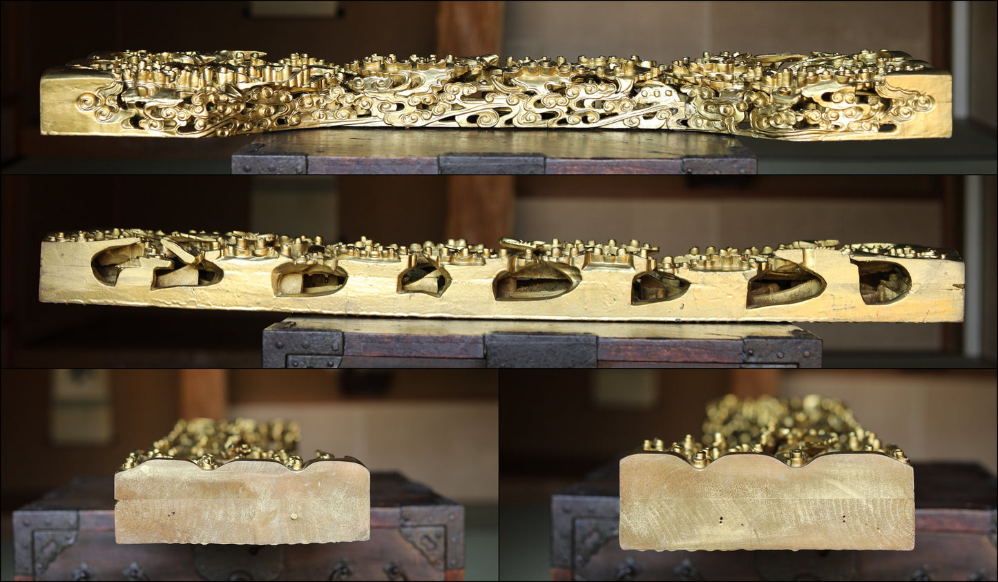 Japanese vintage art sculpture Handmade wood carving Gold Phoenixes and Clouds From buddhist temple Architectural Parts W35.2in/89.5cm