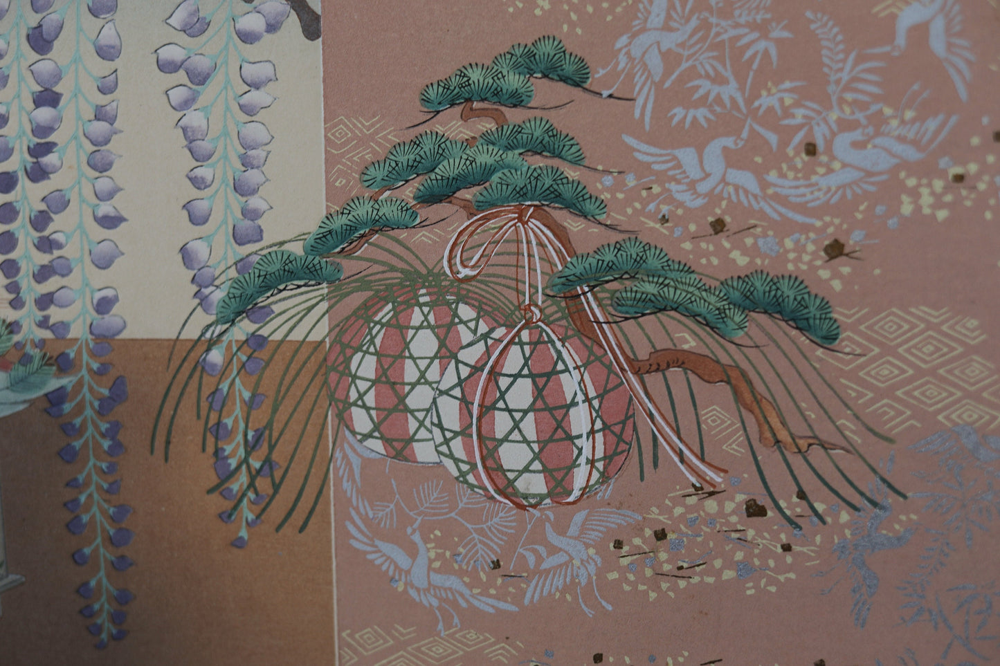 Japanese vintage fine hand paint and block printing art of Tale of Genji/ Wisteria flower with Kanji Kimono Design H8.1×W12.2in/H20.5×W31cm