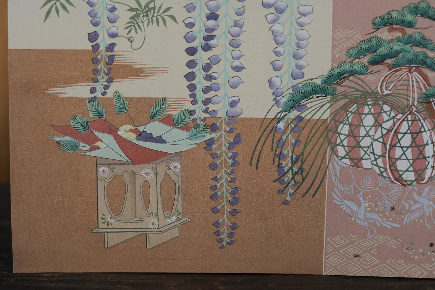 Japanese vintage fine hand paint and block printing art of Tale of Genji/ Wisteria flower with Kanji Kimono Design H8.1×W12.2in/H20.5×W31cm