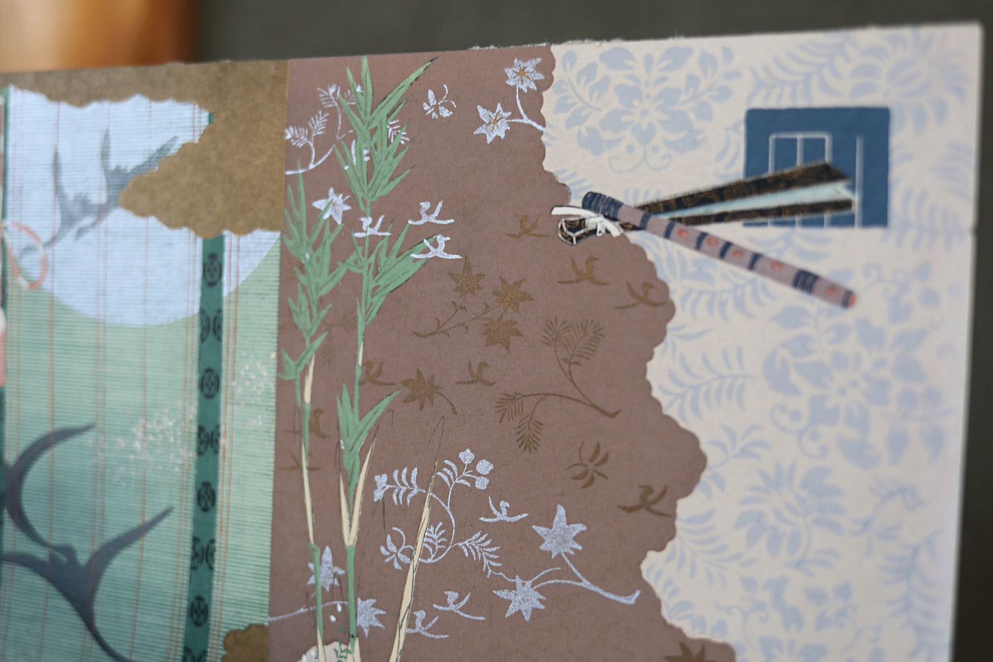 Japanese vintage hand paint and block printing art of Tale of Genji/ transverse flute with Kanji Kimono Design H8.1×W12.2in/H20.5×W31cm