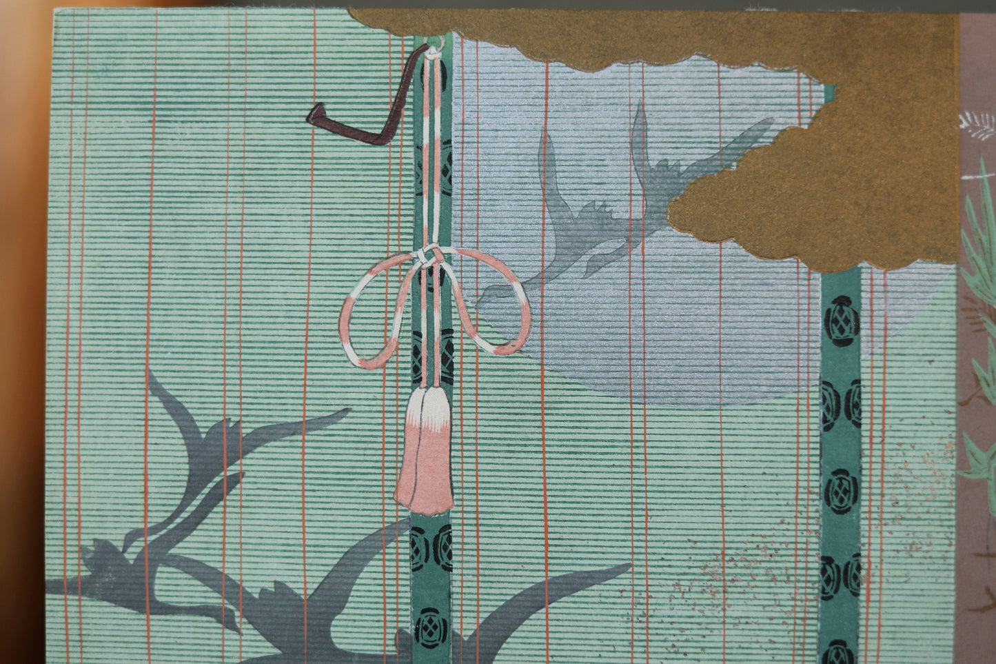 Japanese vintage hand paint and block printing art of Tale of Genji/ transverse flute with Kanji Kimono Design H8.1×W12.2in/H20.5×W31cm