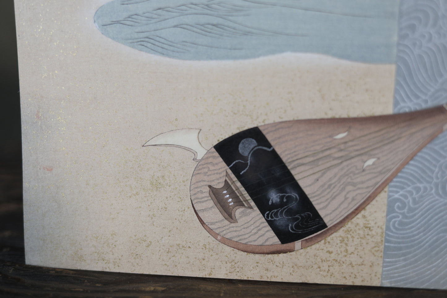 Japanese vintage hand paint and block printing art of Tale of Genji/Akashi town with Kanji Japanese lute waves H8.1×W12.2in/H20.5×W31cm
