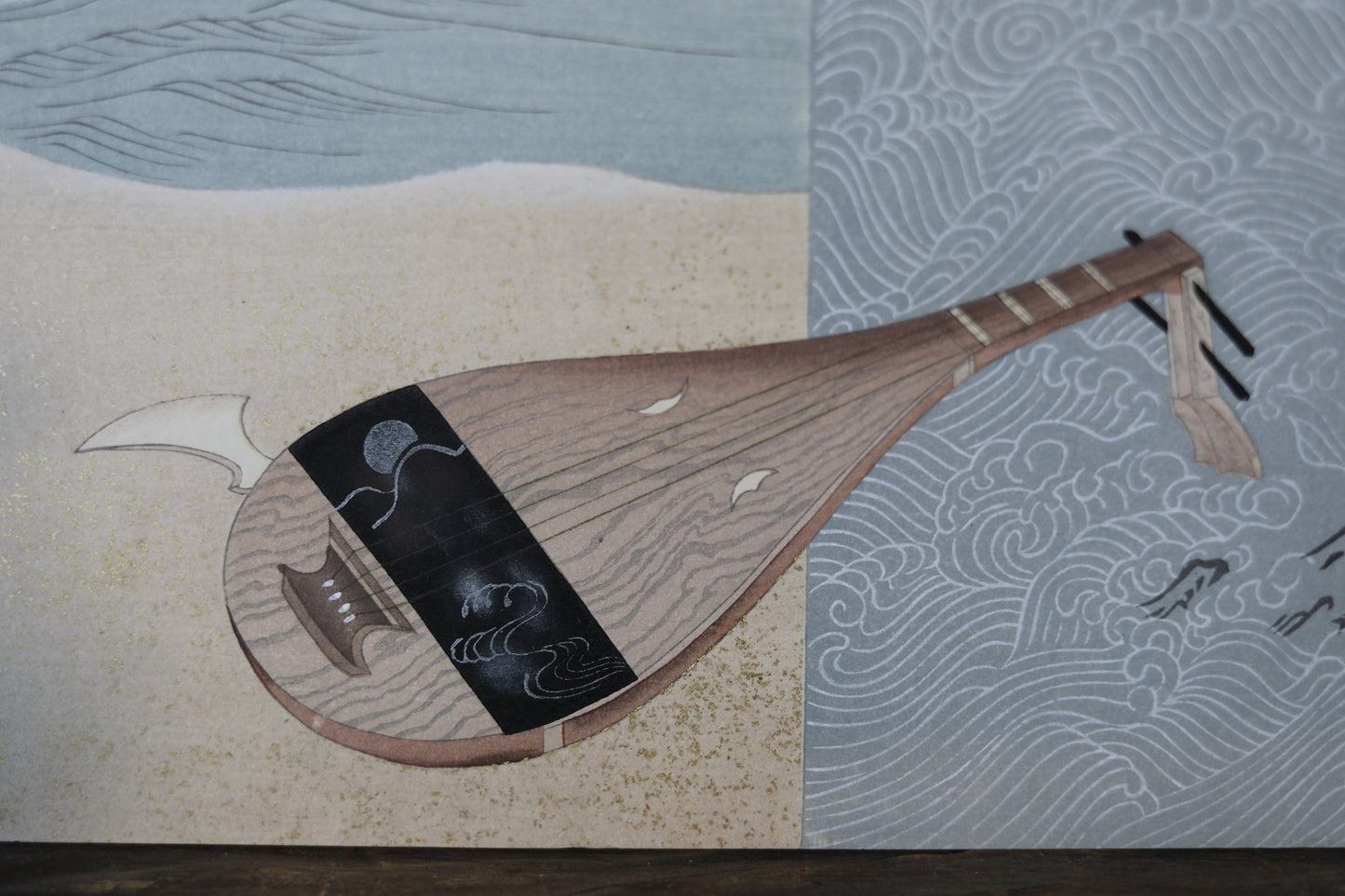 Japanese vintage hand paint and block printing art of Tale of Genji/Akashi town with Kanji Japanese lute waves H8.1×W12.2in/H20.5×W31cm