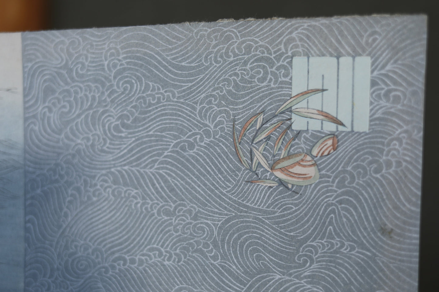 Japanese vintage hand paint and block printing art of Tale of Genji/Akashi town with Kanji Japanese lute waves H8.1×W12.2in/H20.5×W31cm