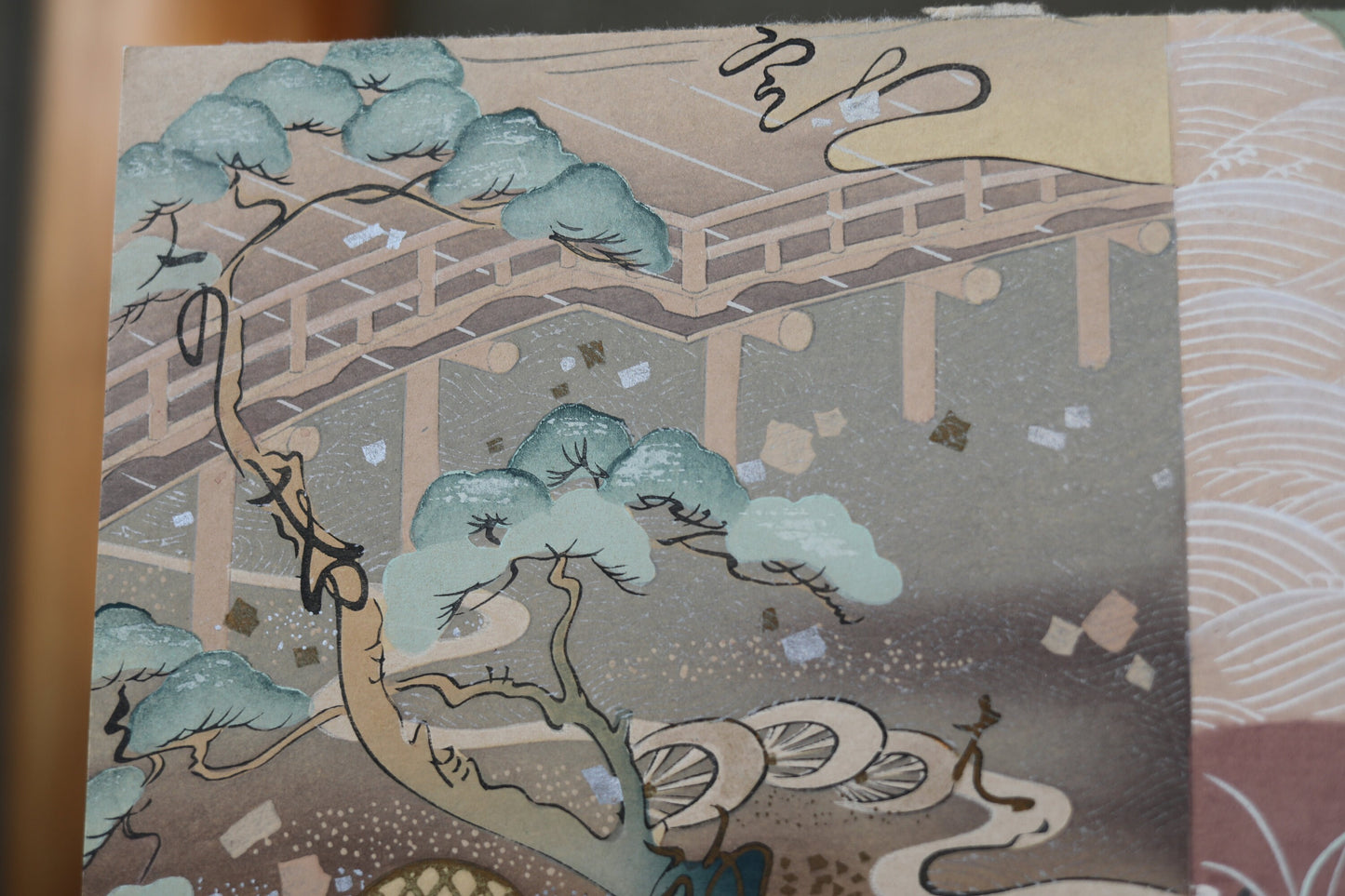 Japanese vintage hand paint and block printing art of Tale of Genji/Dragonfly with Kanji calligraphy garden H8.1×W12.2in/H20.5×W31cm