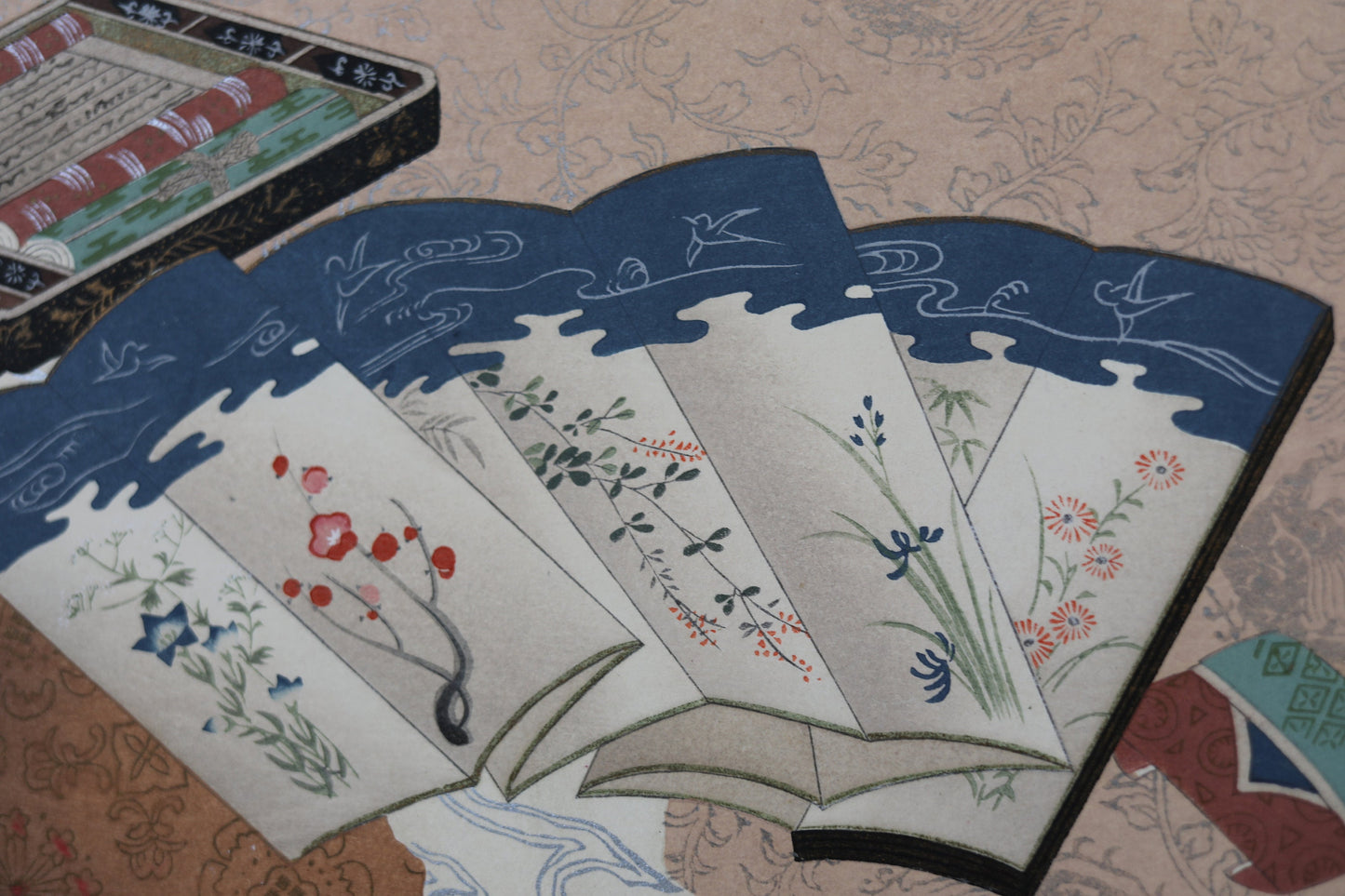 Japanese vintage hand paint and block printing art of Tale of Genji/Buddha Dharma with Kanji Sutra Flower H8.1×W12.2in/H20.5×W31cm